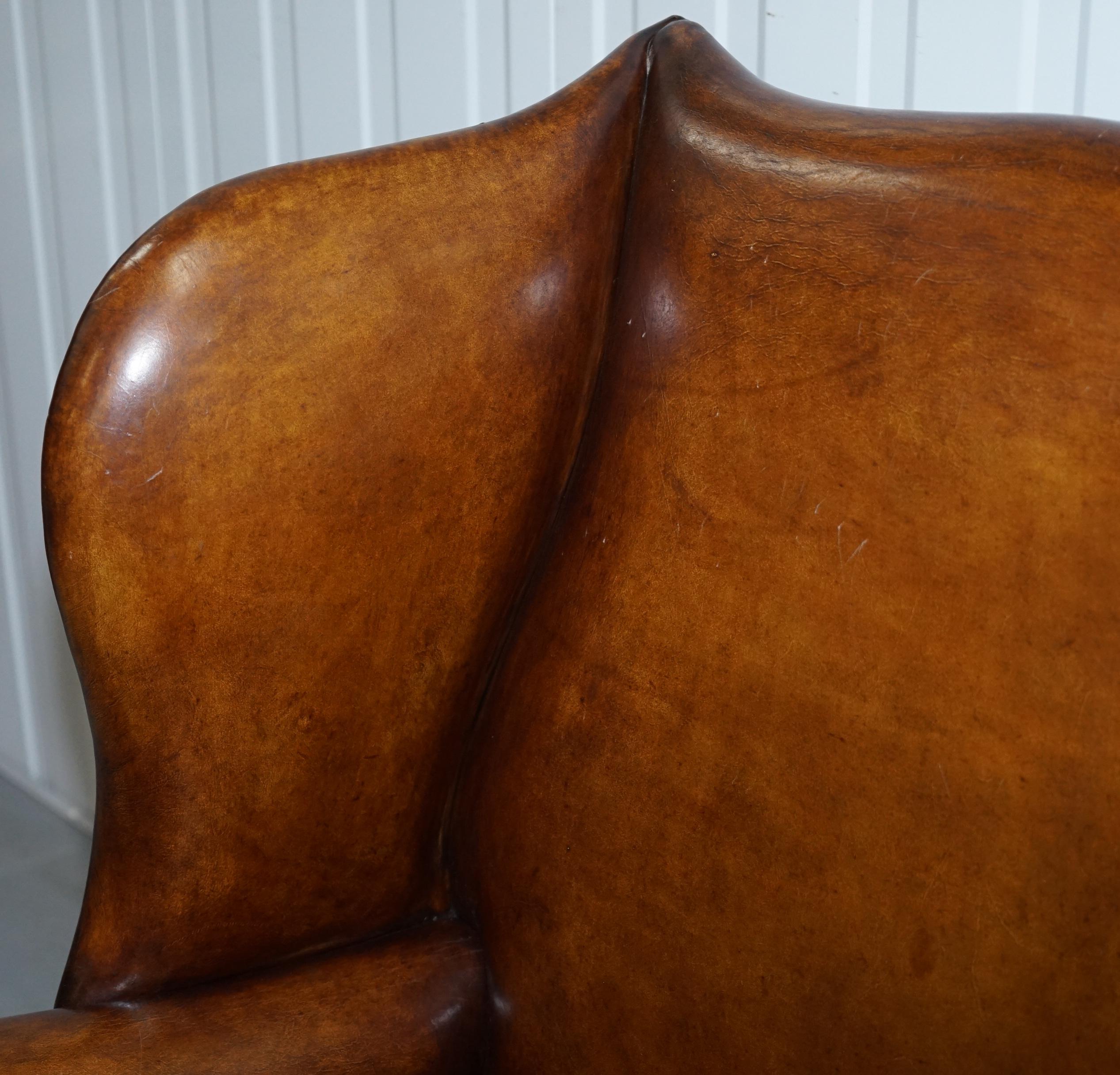 Pair of Restored Georgian Style Wingback Fireside Armchairs Whisky Brown Leather 2