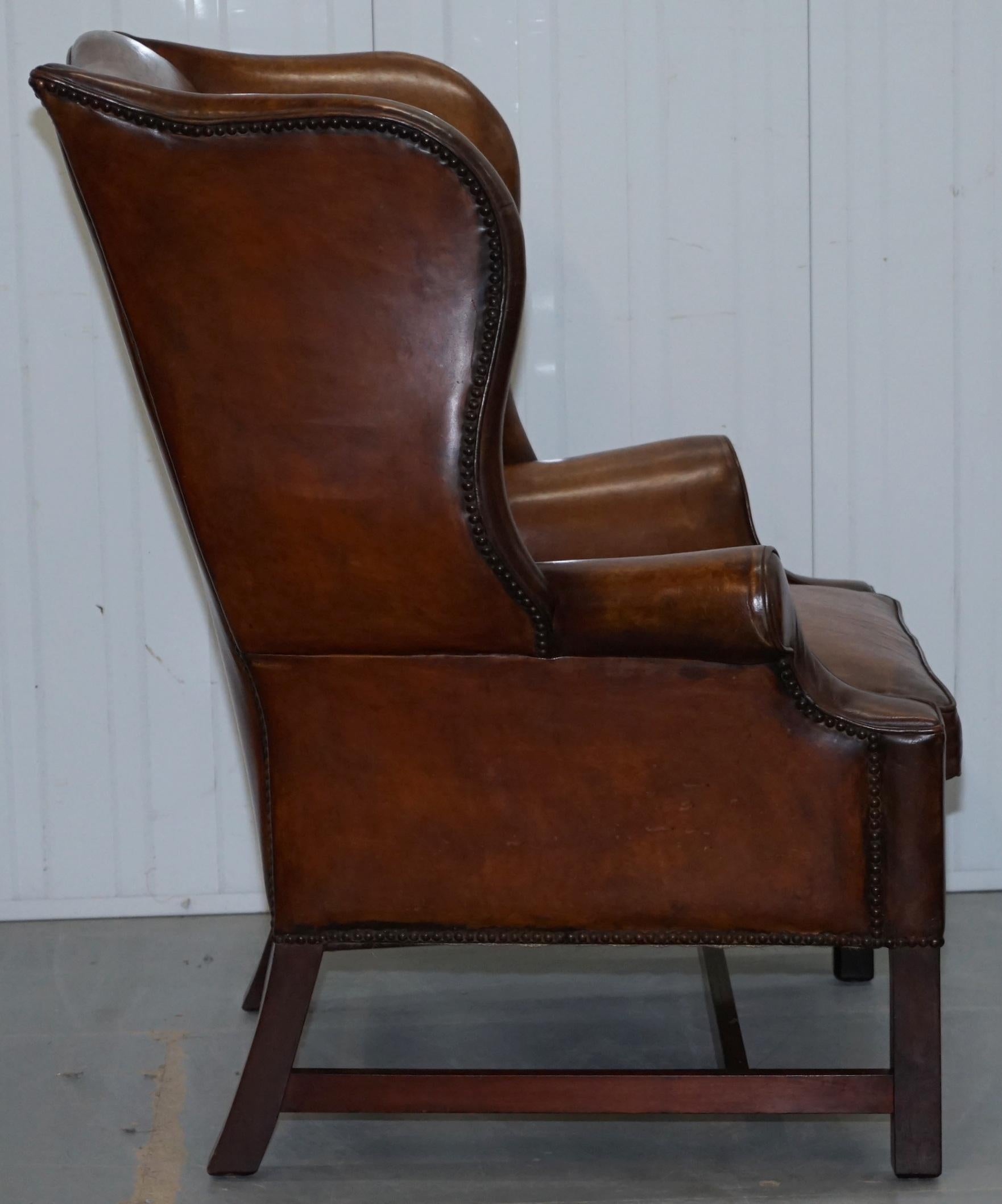 Pair of Restored Georgian Style Wingback Fireside Armchairs Whisky Brown Leather 3