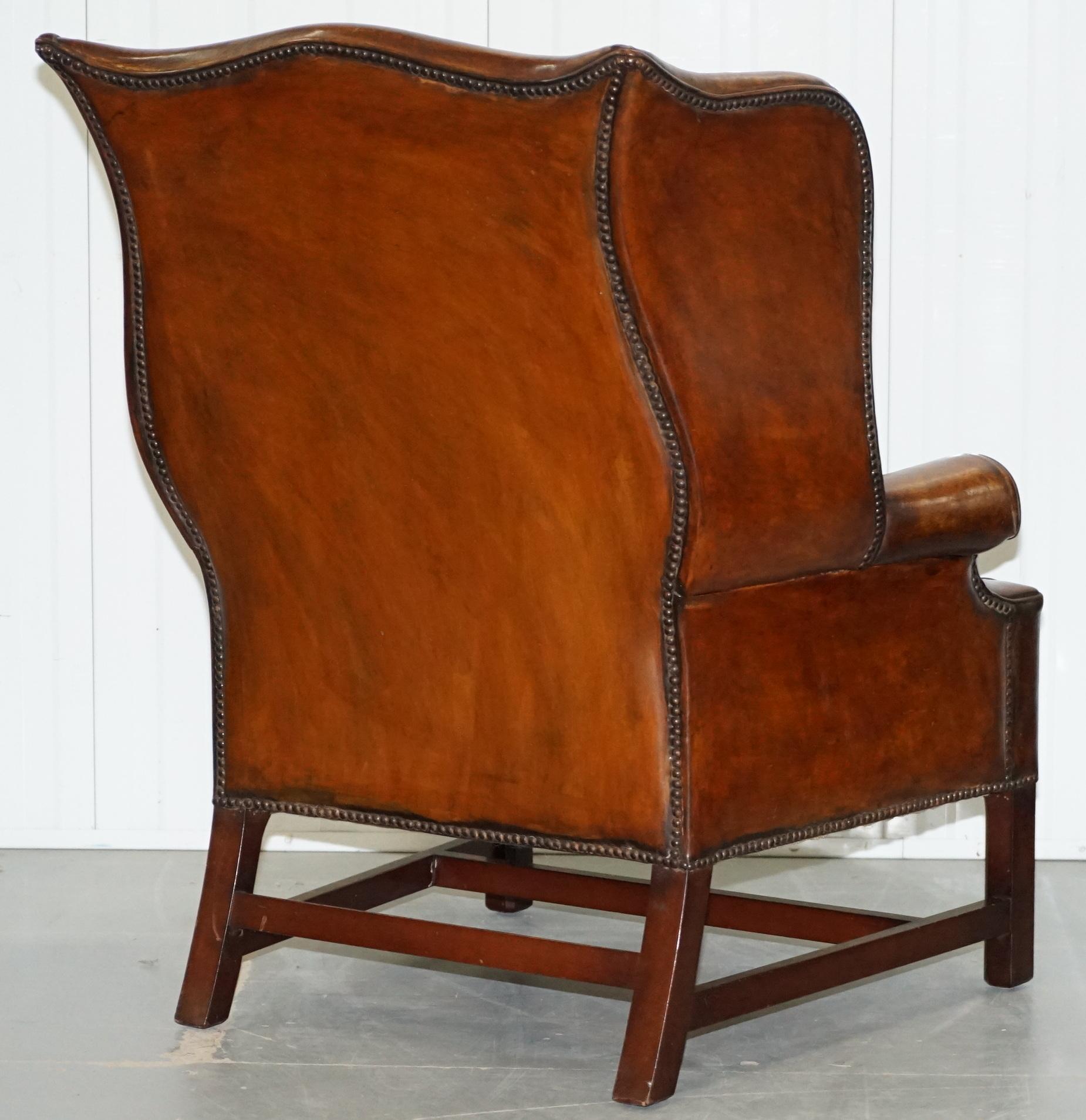 Pair of Restored Georgian Style Wingback Fireside Armchairs Whisky Brown Leather 4
