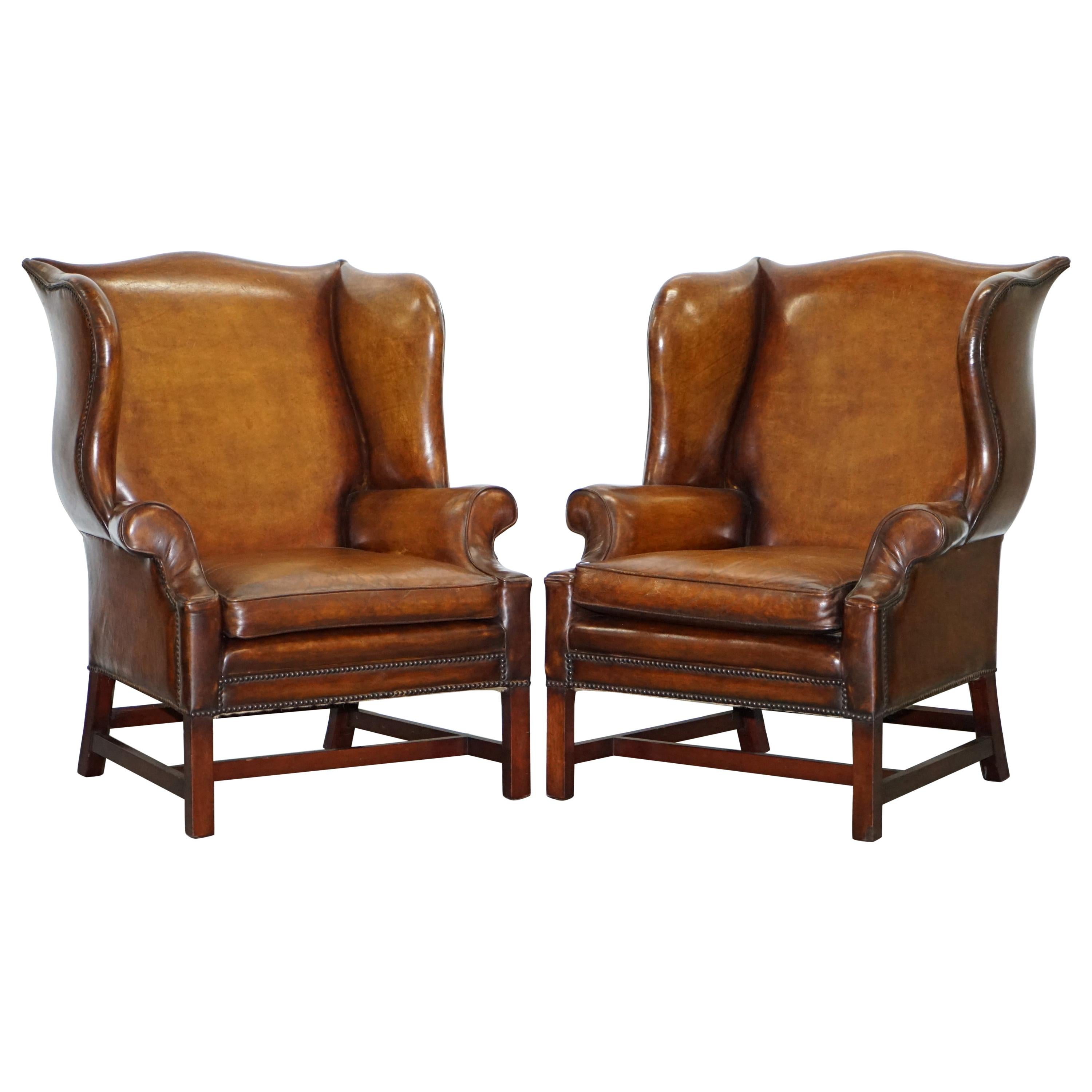 Pair of Restored Georgian Style Wingback Fireside Armchairs Whisky Brown Leather