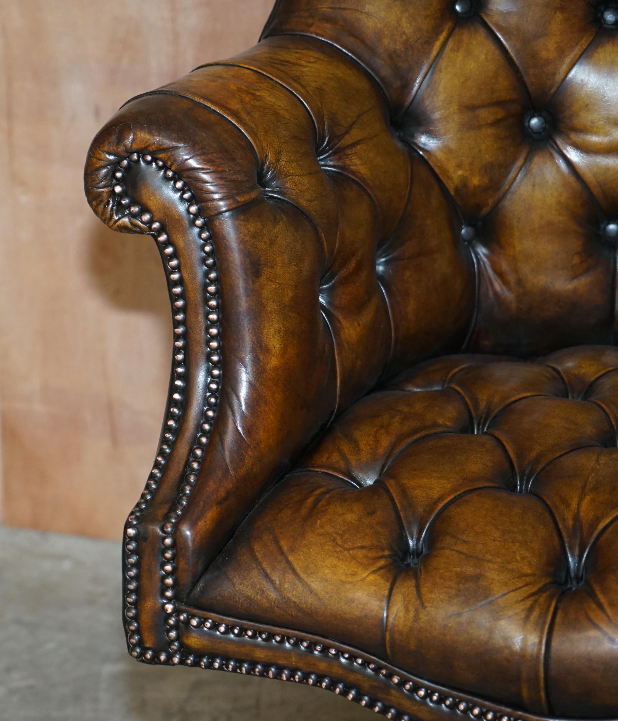 Pair of Restored Godfather Cigar Brown Leather Chesterfield Directors Chairs 1