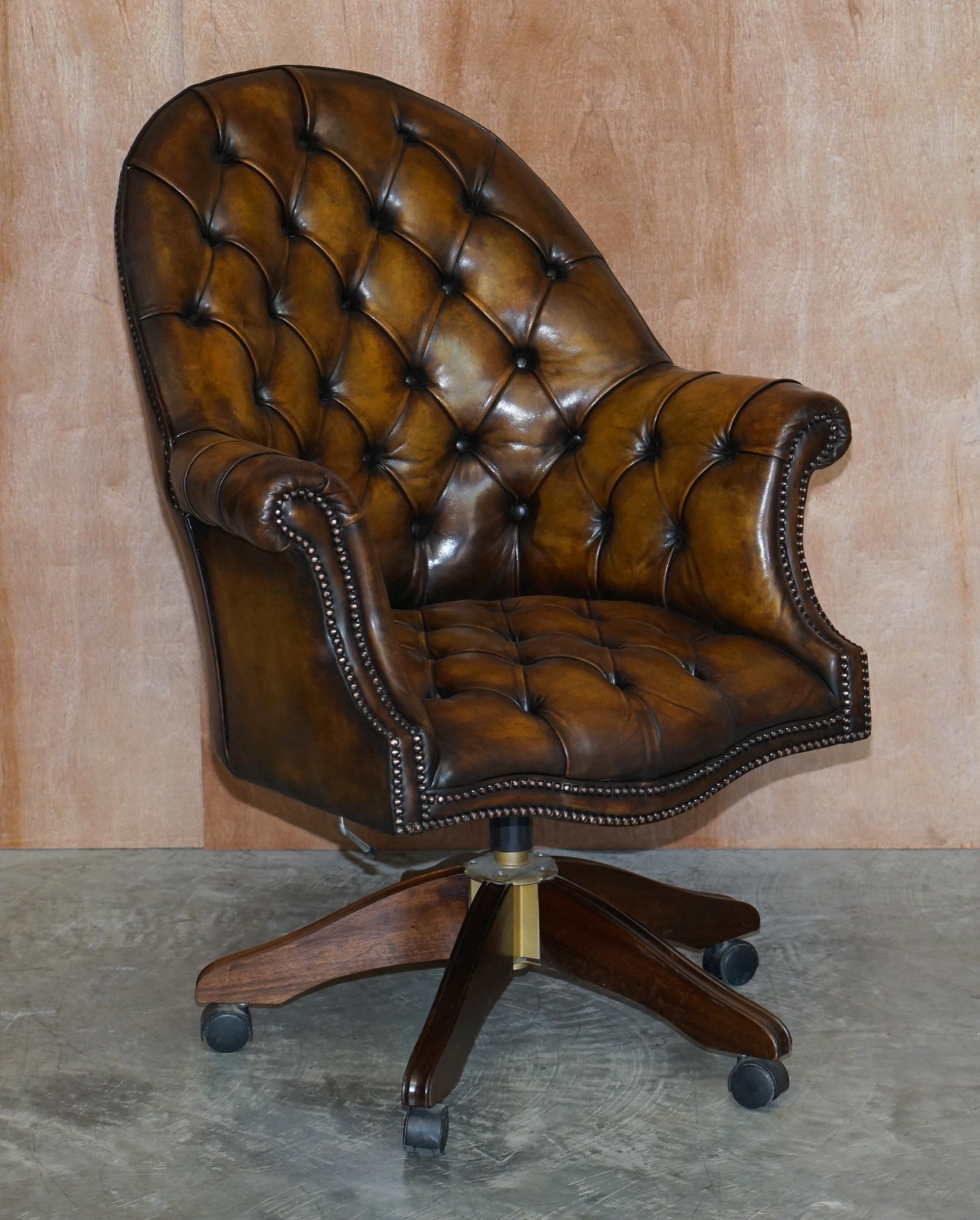 Pair of Restored Godfather Cigar Brown Leather Chesterfield Directors Chairs 6