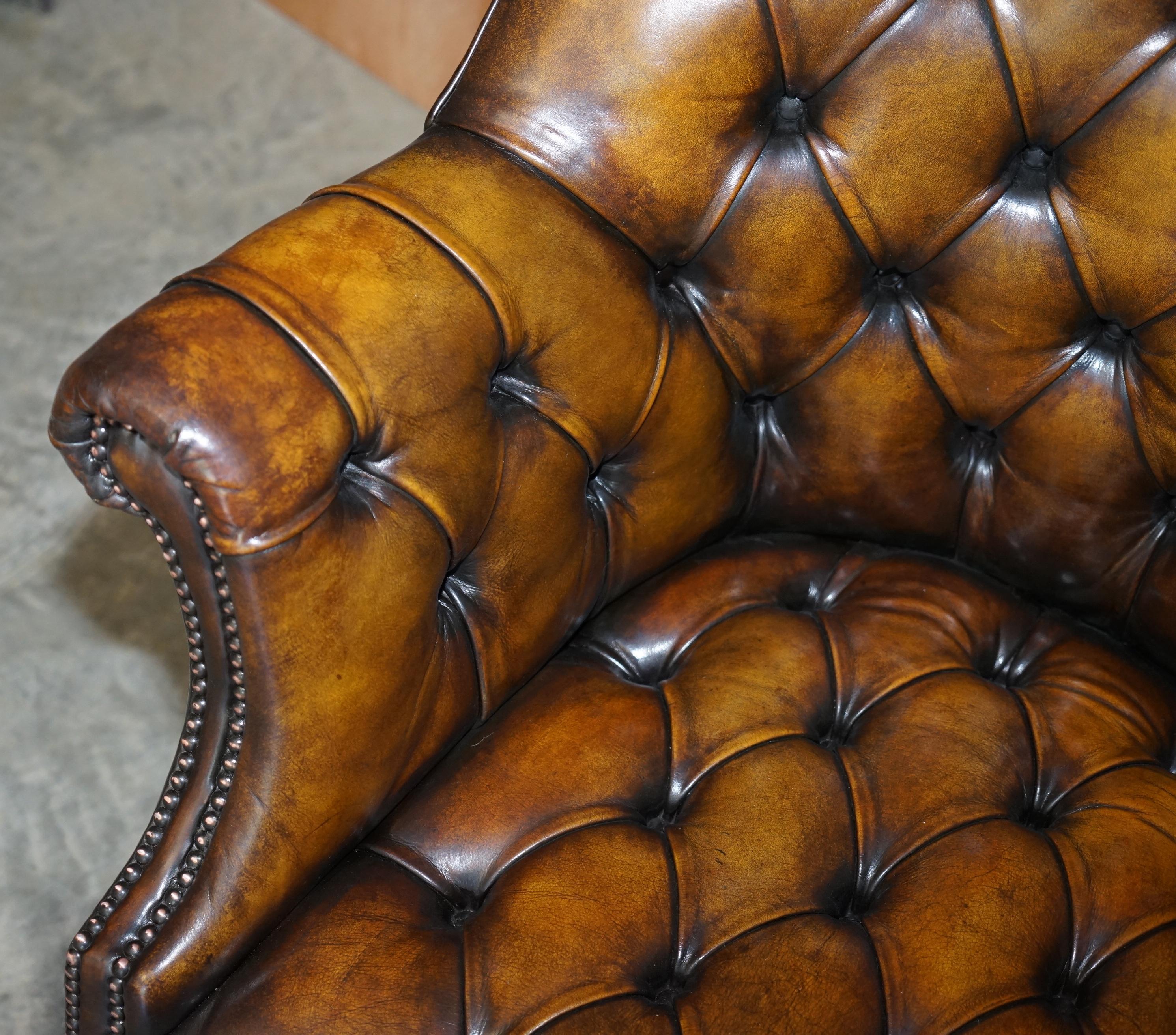 Pair of Restored Godfather Cigar Brown Leather Chesterfield Directors Chairs 9