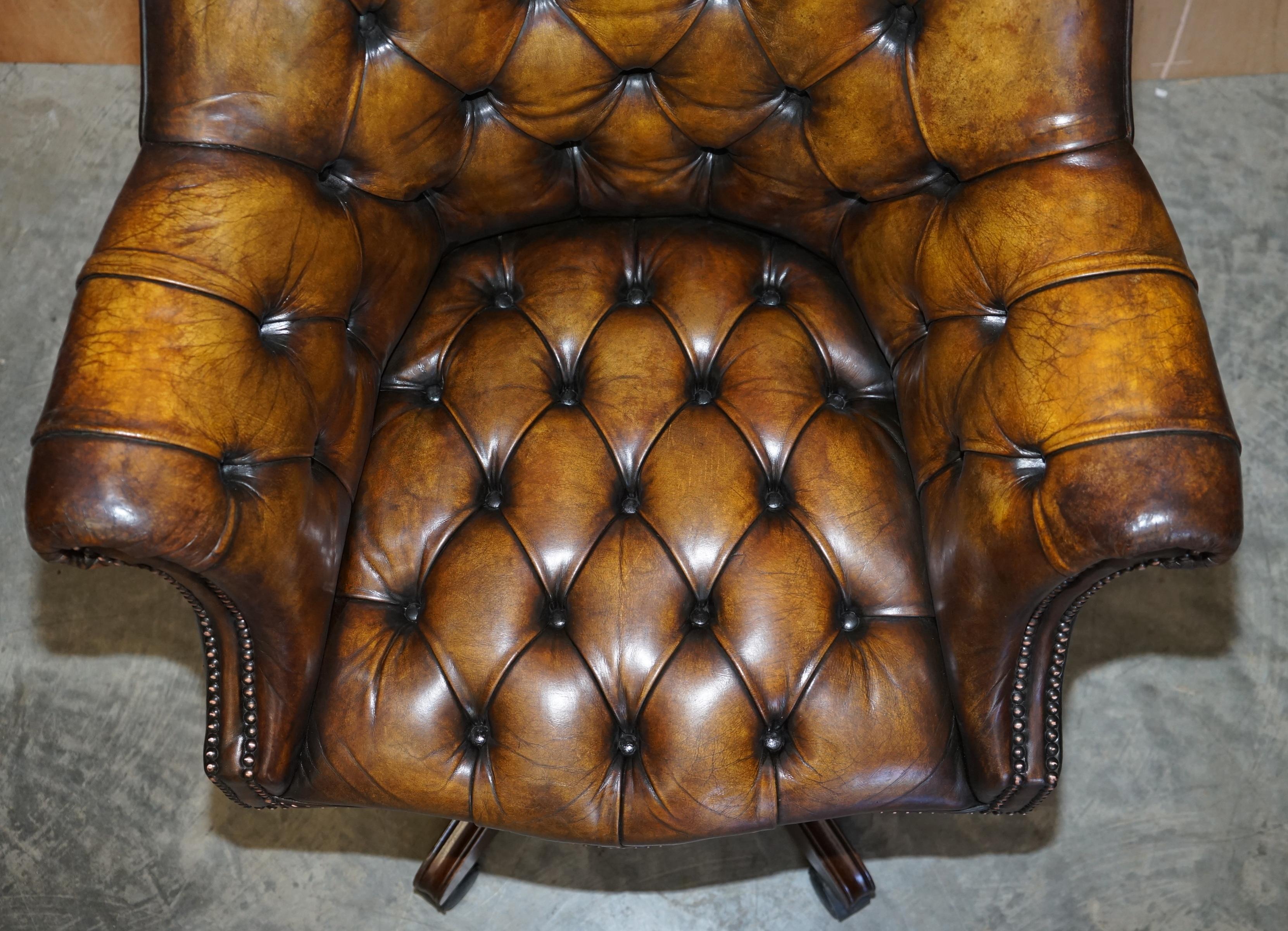 English Pair of Restored Godfather Cigar Brown Leather Chesterfield Directors Chairs