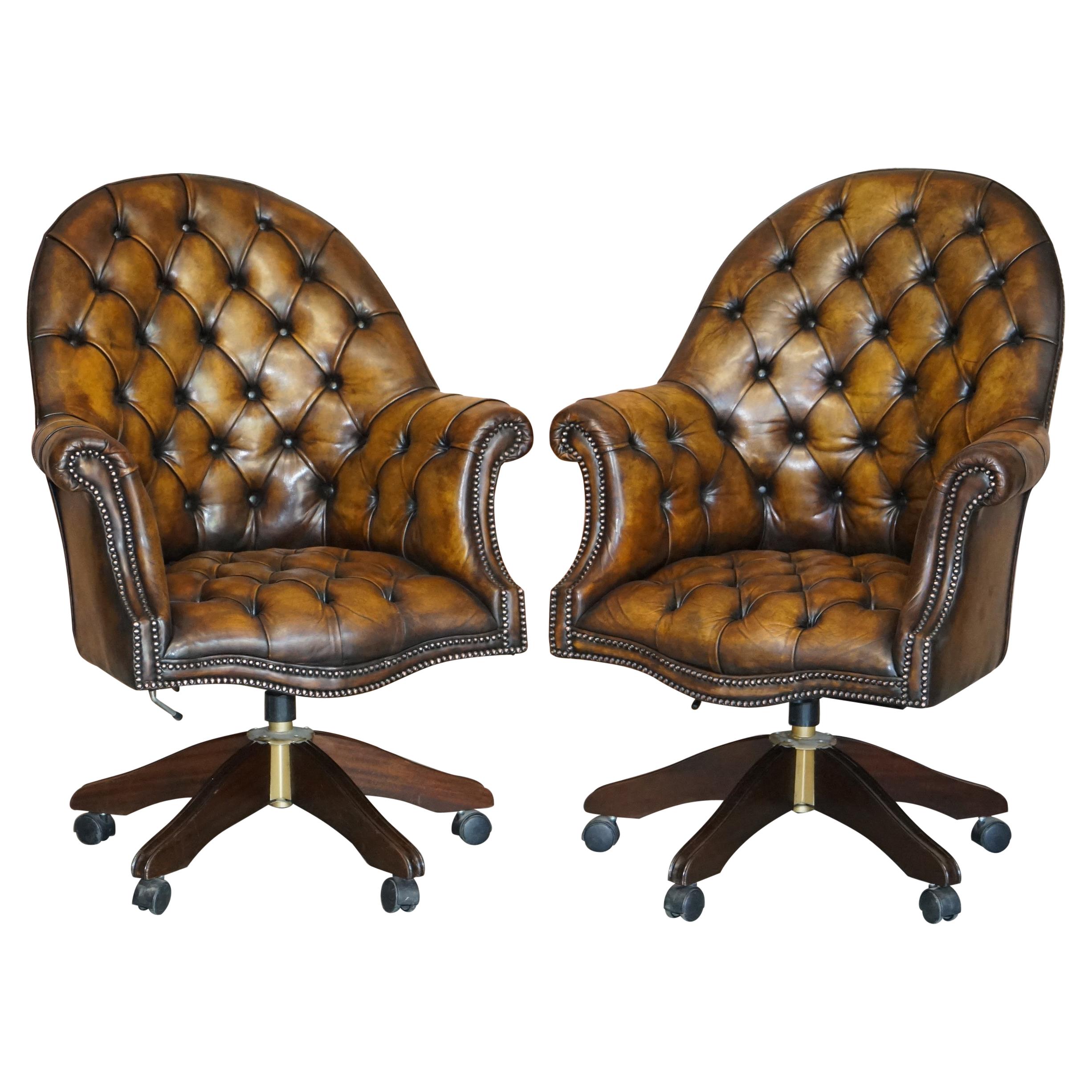 Pair of Restored Godfather Cigar Brown Leather Chesterfield Directors Chairs