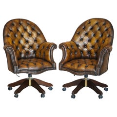 Pair of Restored Godfather Cigar Brown Leather Chesterfield Directors Chairs