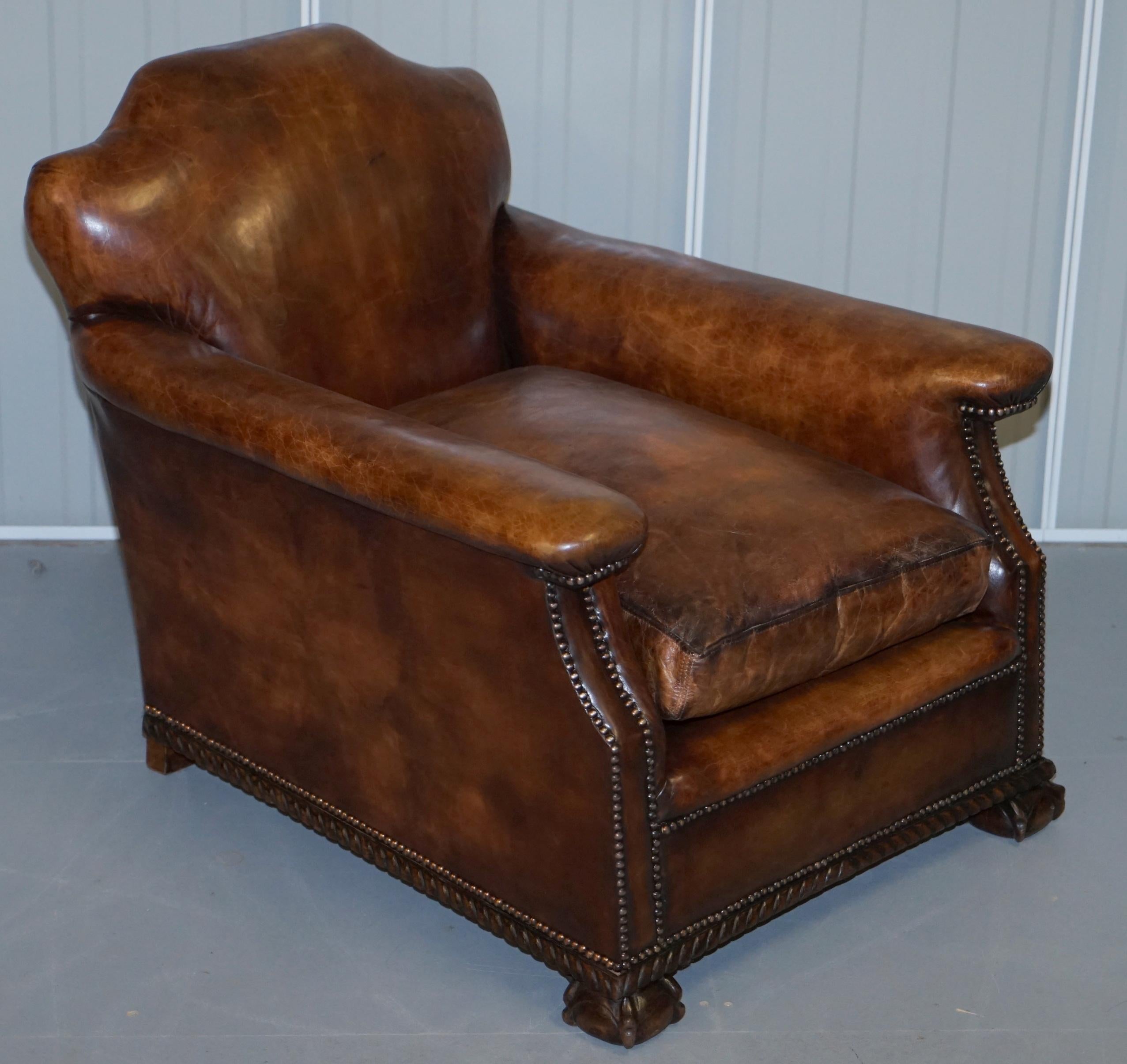 Pair of Restored Hand Dyed Victorian Claw & Ball Cigar Brown Leather Armchairs 10