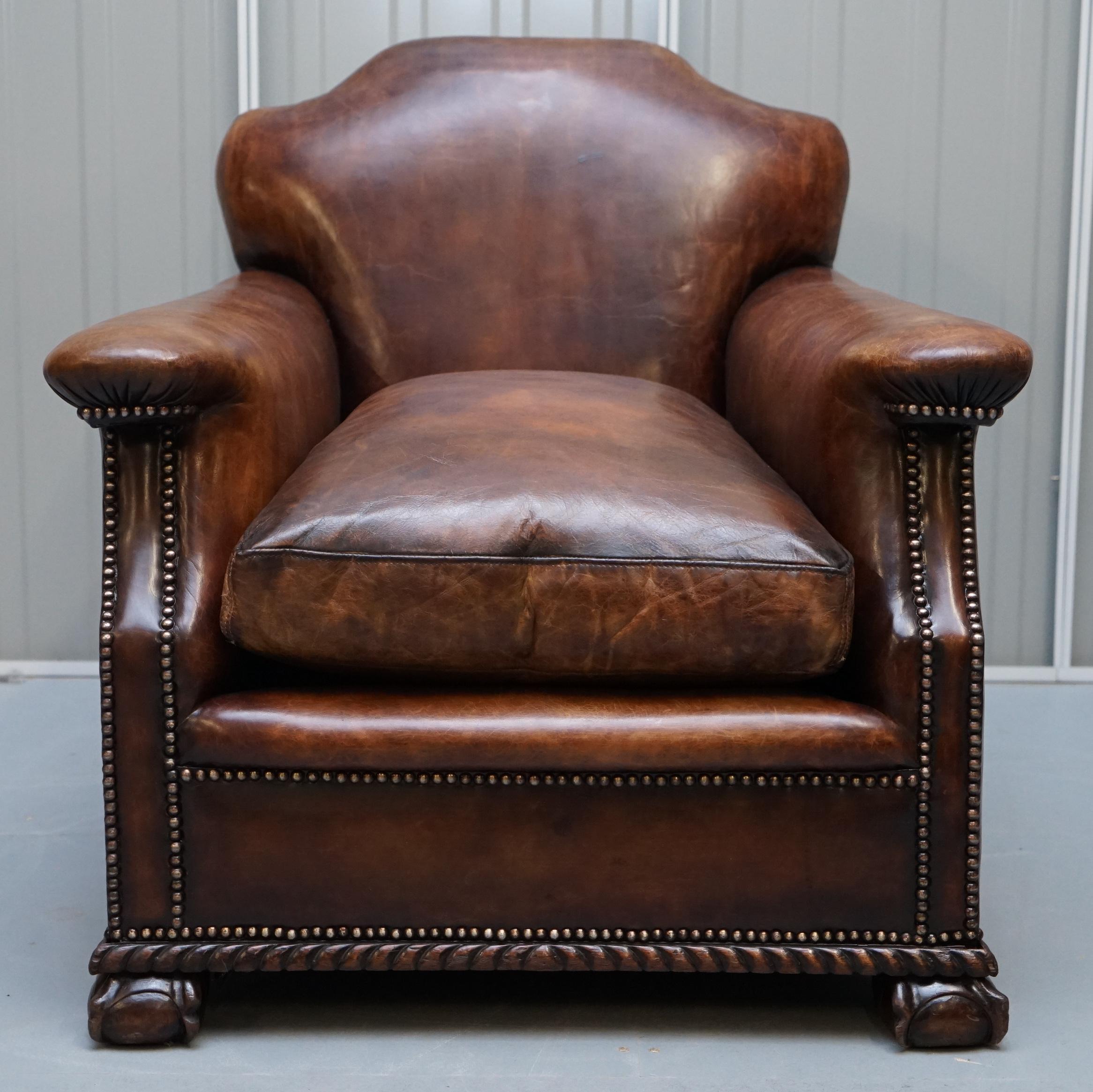 Pair of Restored Hand Dyed Victorian Claw & Ball Cigar Brown Leather Armchairs 11