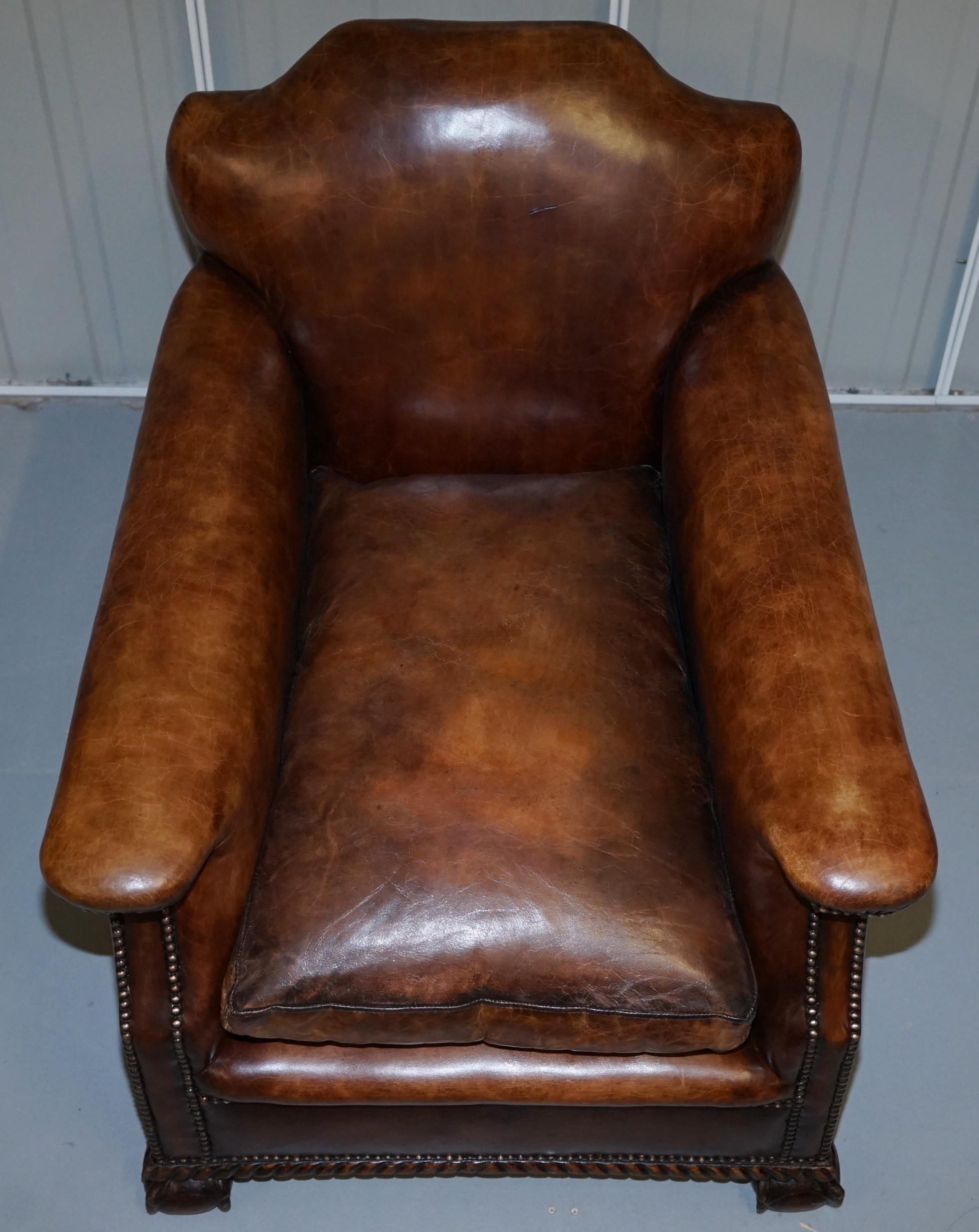 Pair of Restored Hand Dyed Victorian Claw & Ball Cigar Brown Leather Armchairs 13