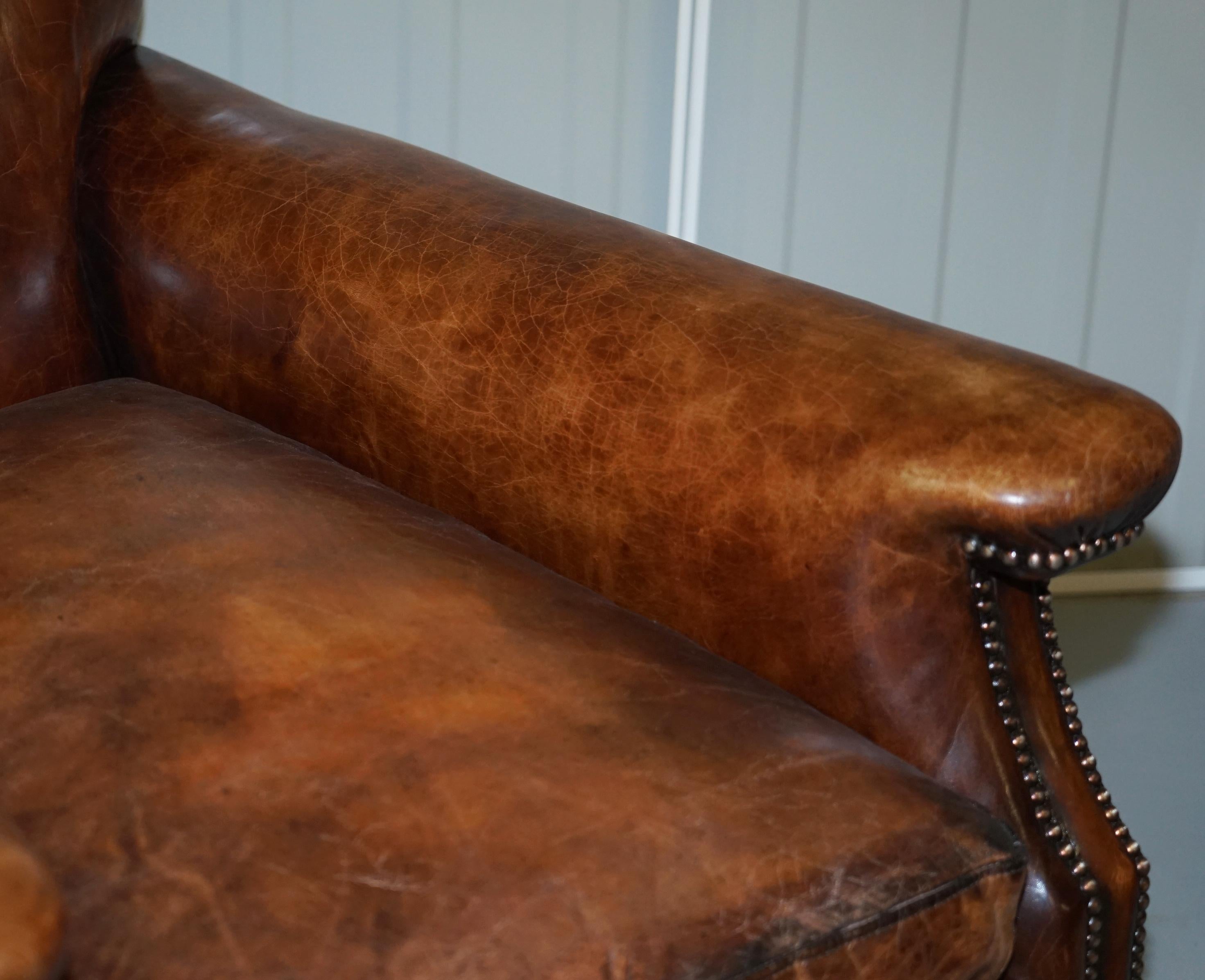 Pair of Restored Hand Dyed Victorian Claw & Ball Cigar Brown Leather Armchairs 14