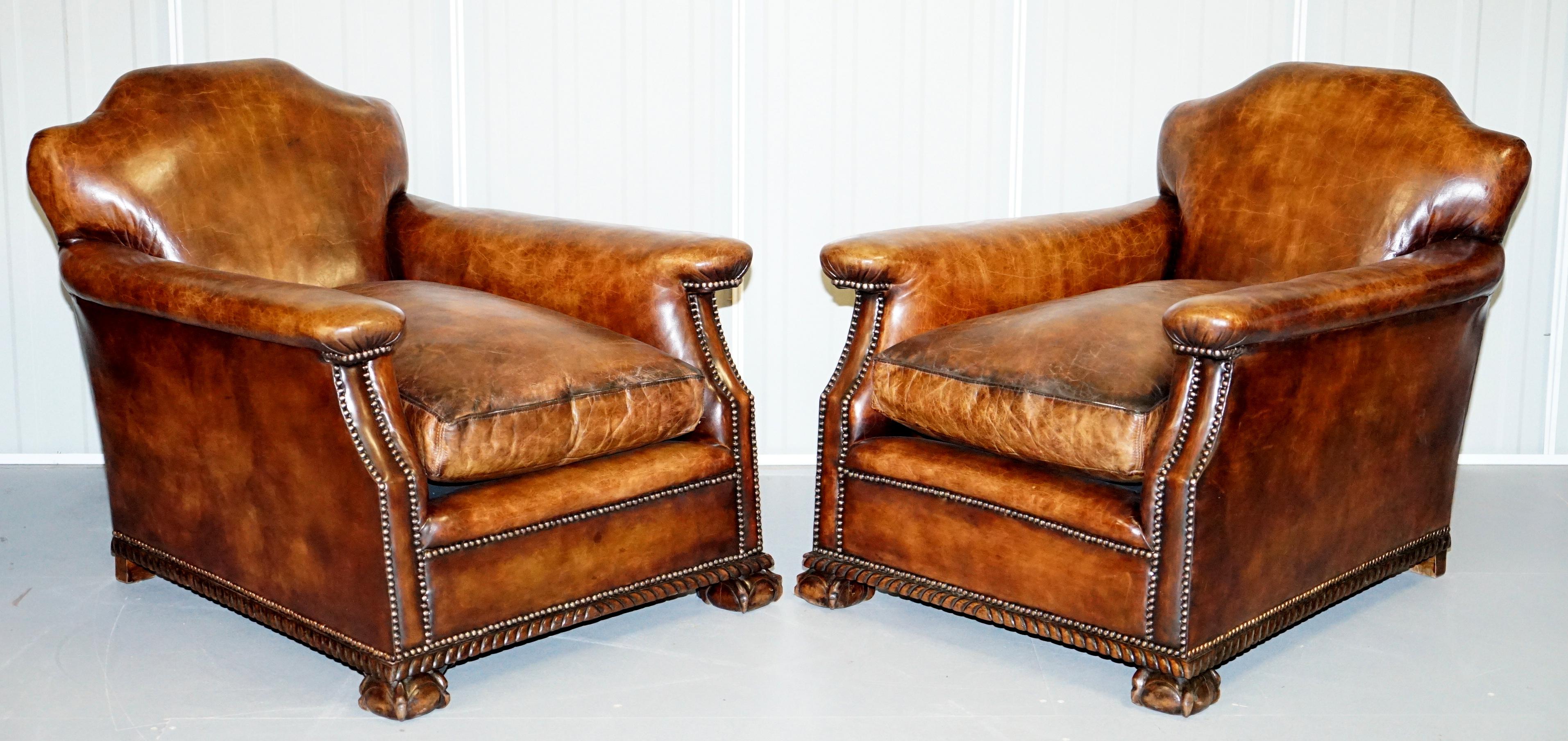 We are delighted to offer for sale this stunning pair of fully restored Cigar aged brown leather Victorian club armchairs with claw & ball feet

A very good looking and nicely refurbished pair, these are original Victorian pieces, they have