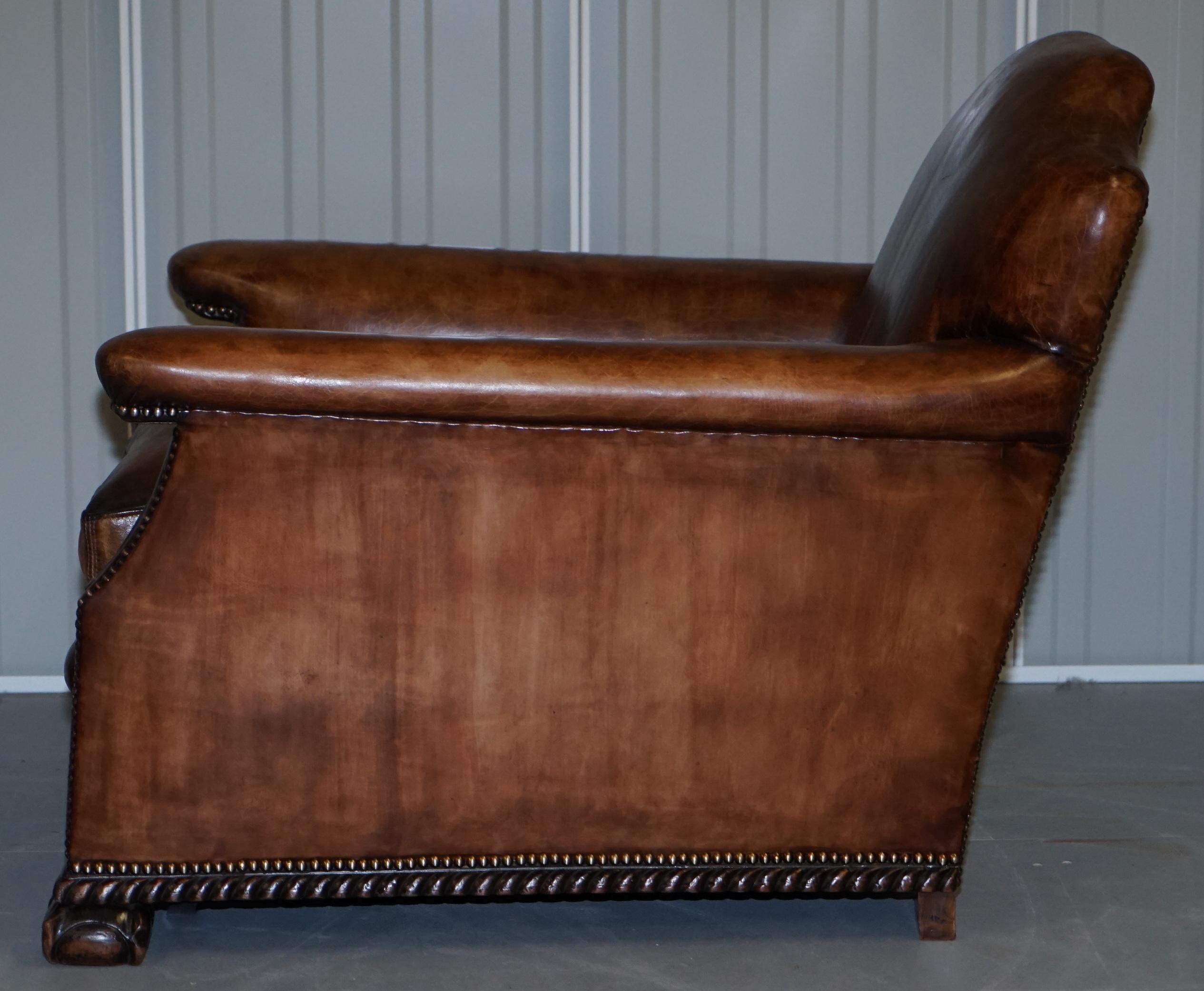 Pair of Restored Hand Dyed Victorian Claw & Ball Cigar Brown Leather Armchairs 15