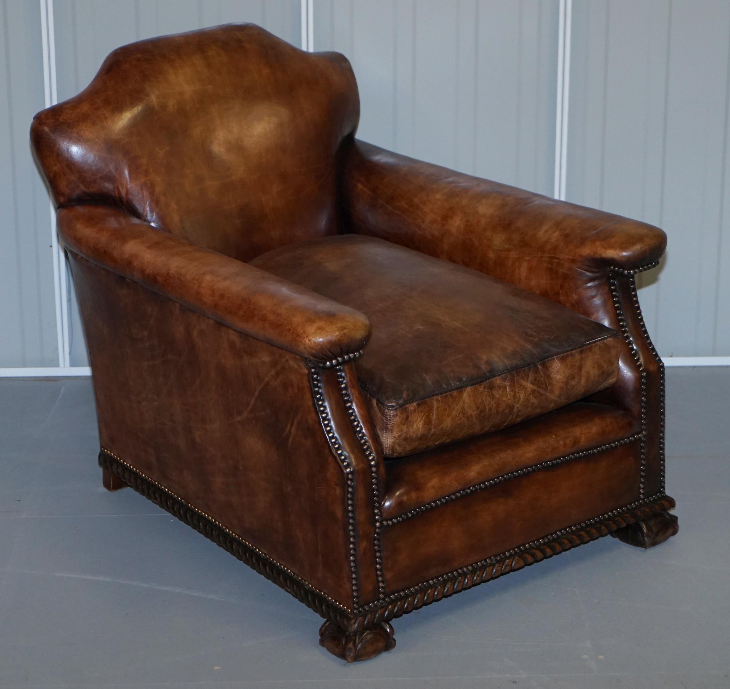 English Pair of Restored Hand Dyed Victorian Claw & Ball Cigar Brown Leather Armchairs