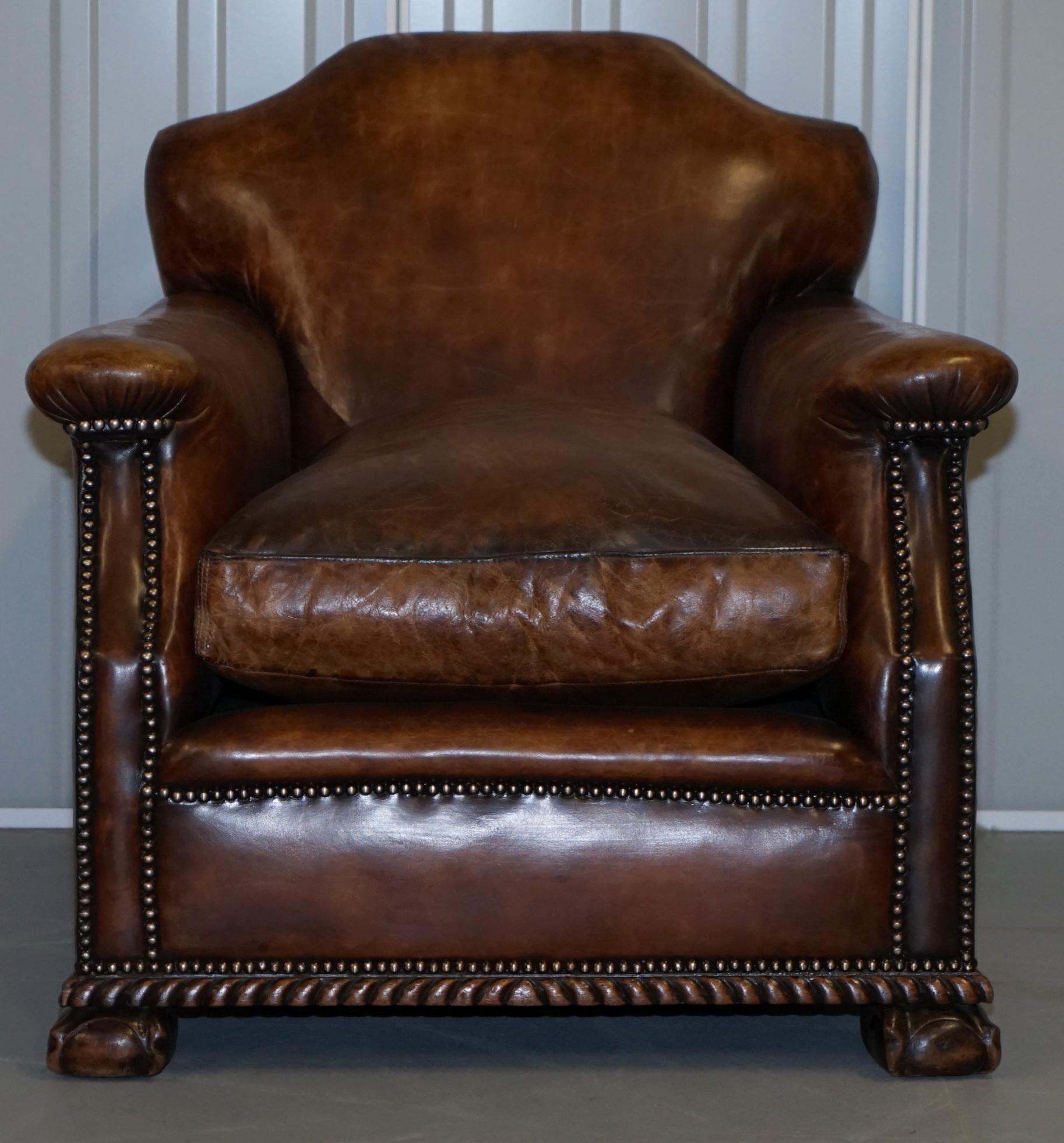 Hand-Crafted Pair of Restored Hand Dyed Victorian Claw & Ball Cigar Brown Leather Armchairs