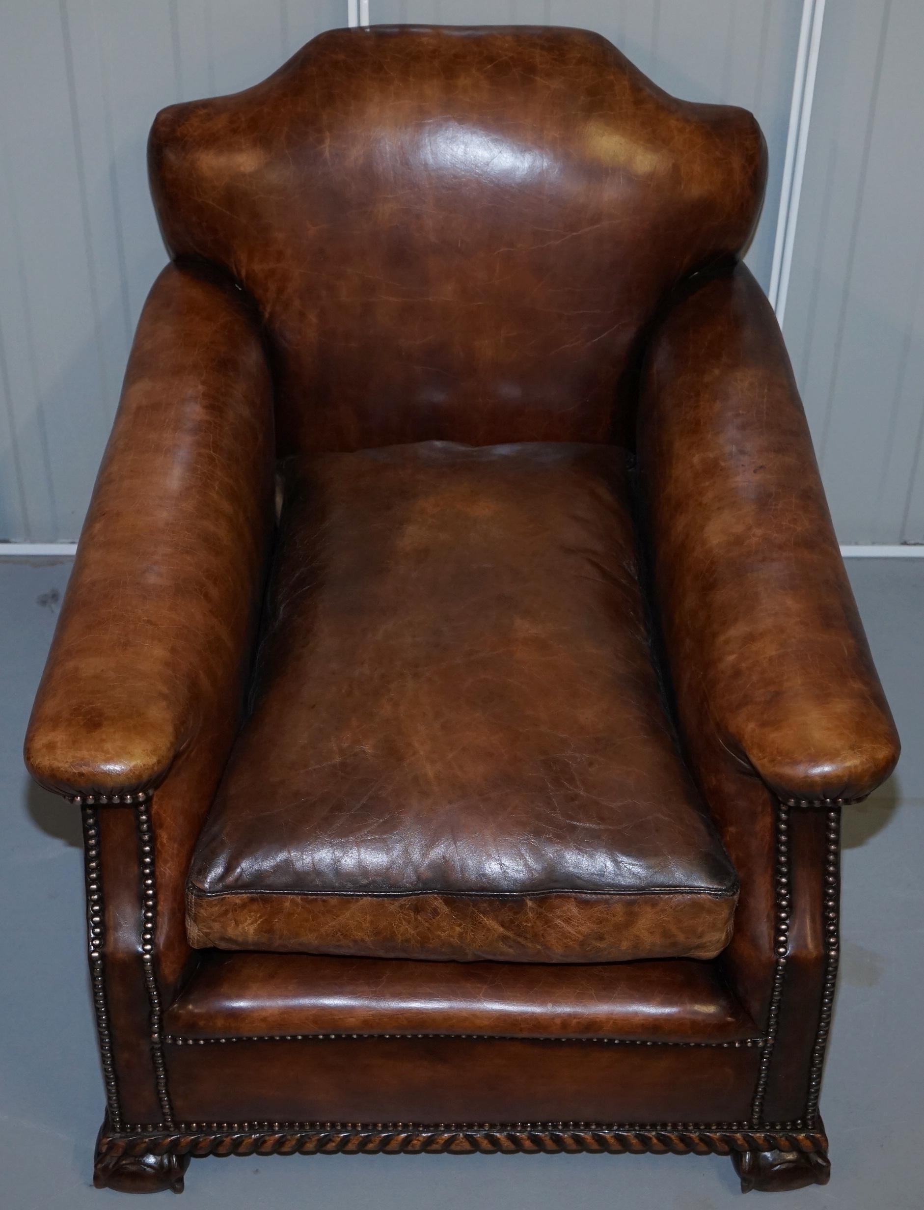 19th Century Pair of Restored Hand Dyed Victorian Claw & Ball Cigar Brown Leather Armchairs