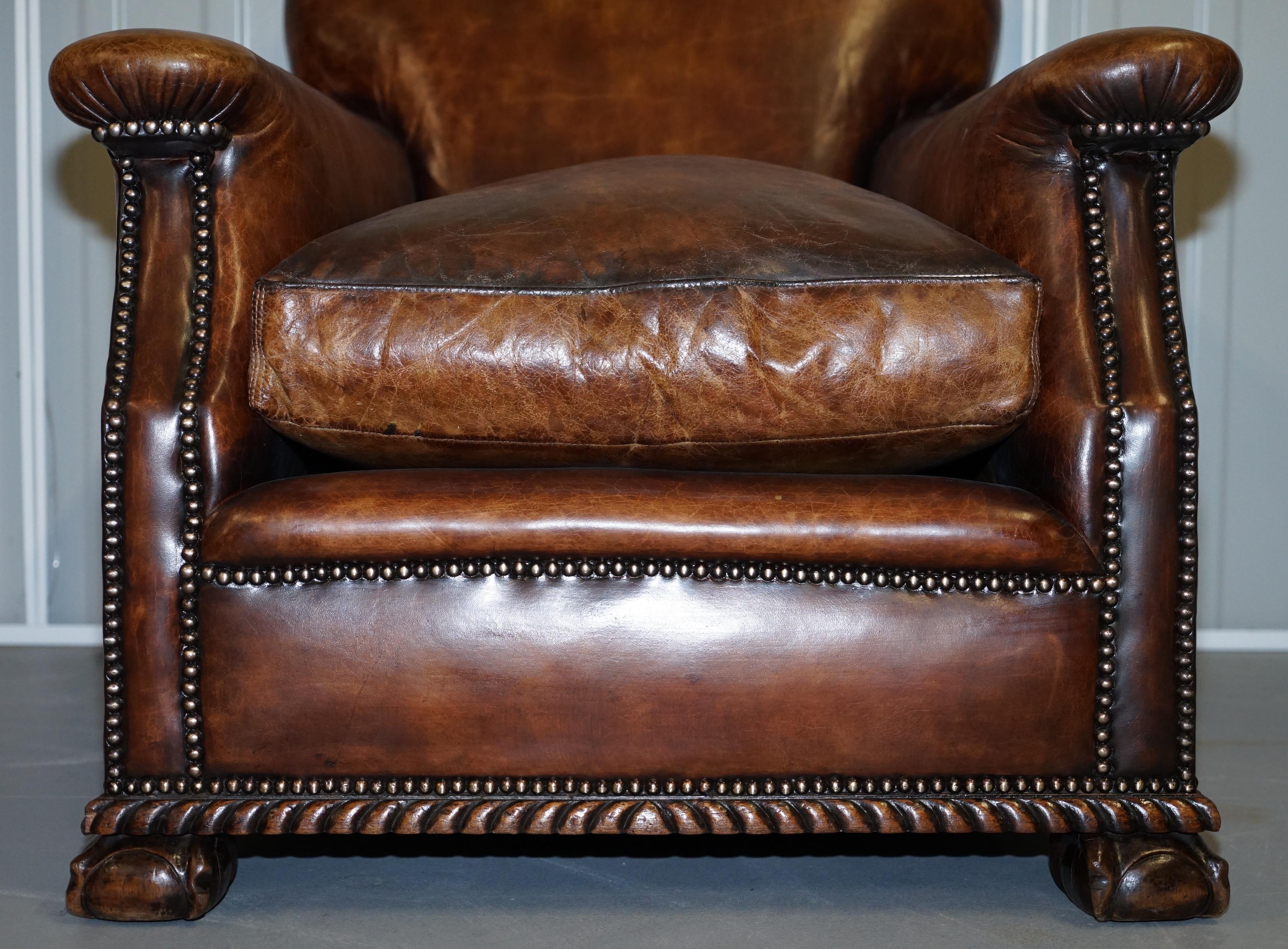Pair of Restored Hand Dyed Victorian Claw & Ball Cigar Brown Leather Armchairs 1
