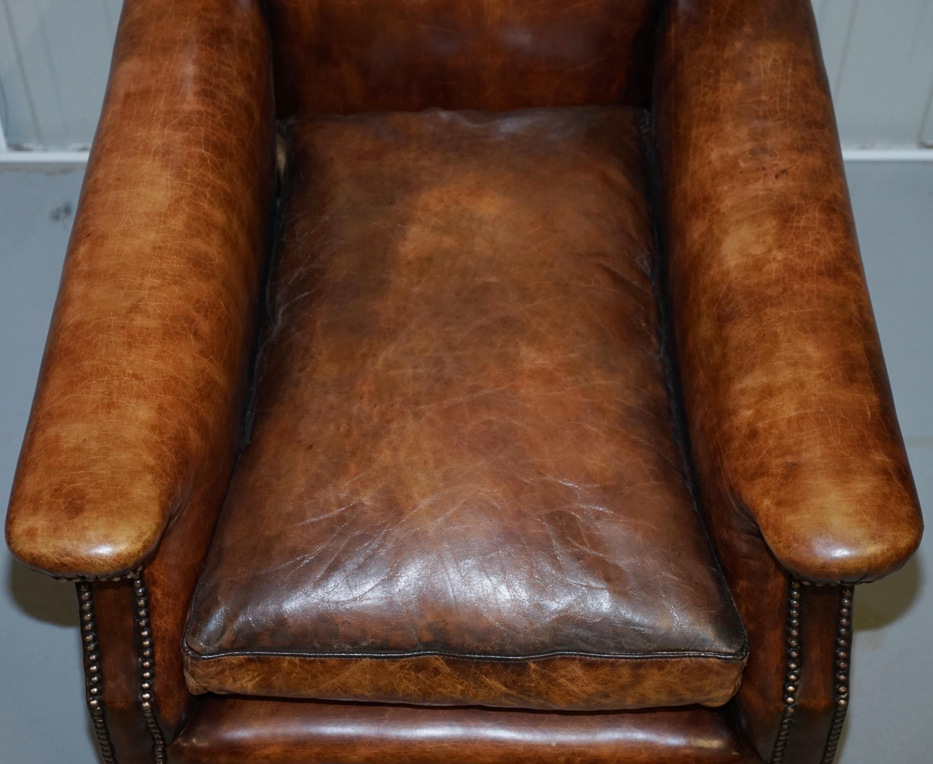 Pair of Restored Hand Dyed Victorian Claw & Ball Cigar Brown Leather Armchairs 2