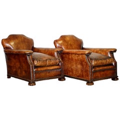 Pair of Restored Hand Dyed Victorian Claw & Ball Cigar Brown Leather Armchairs