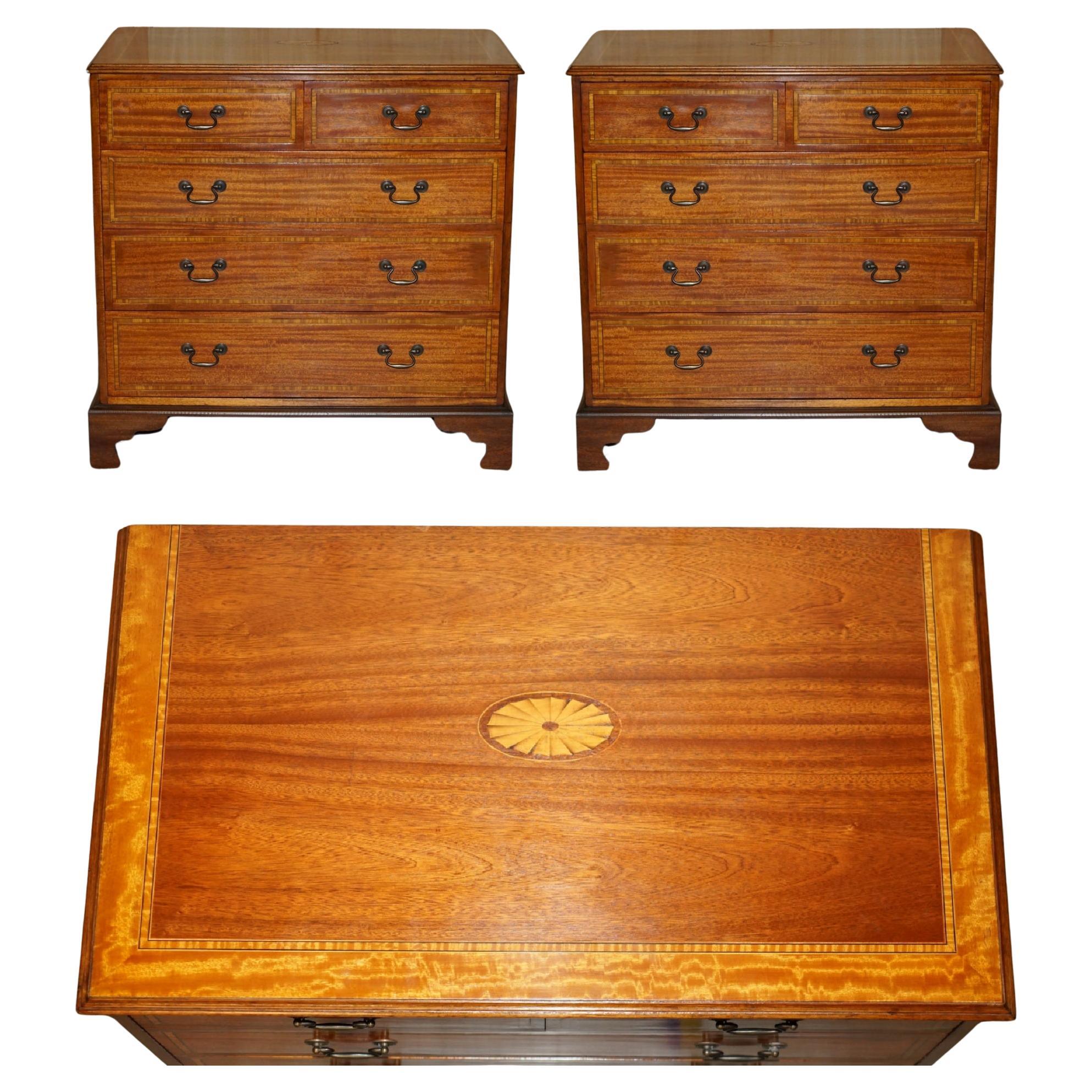 PAIR OF RESTORED HARDWOOD & SATINWOOD ANTIQUE SHERATON REVIVAL CHEST OF DRAWERs