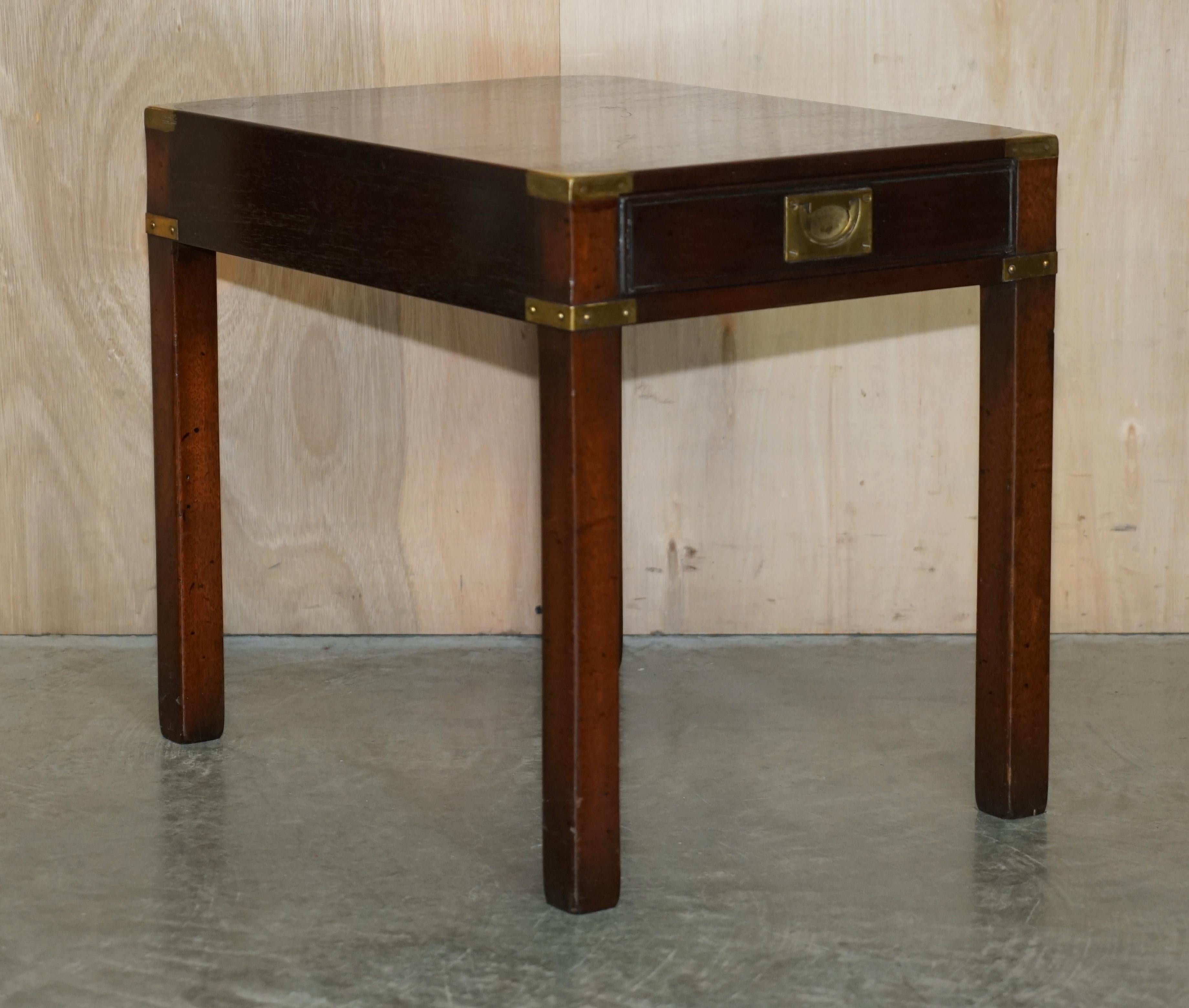 We are delighted to offer for sale this stunning pair of fully restored Kennedy furniture Harrods London Military Campaign side tables with full sized single drawers

A good looking and well-made pair, these are absolutely iconic and highly