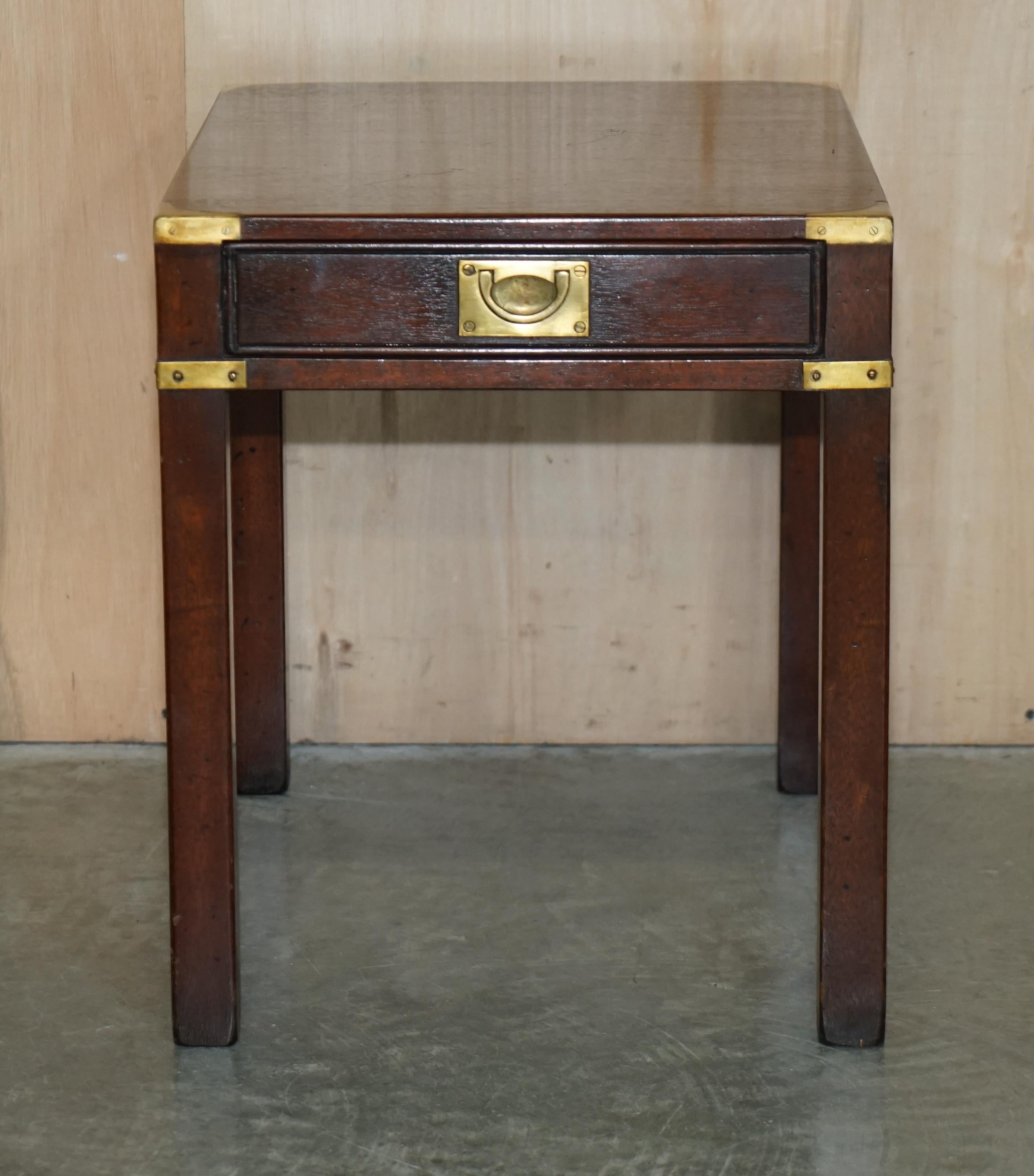 English Pair of Restored Harrods Kennedy Hardwood Military Campaign Single Drawer Tables For Sale
