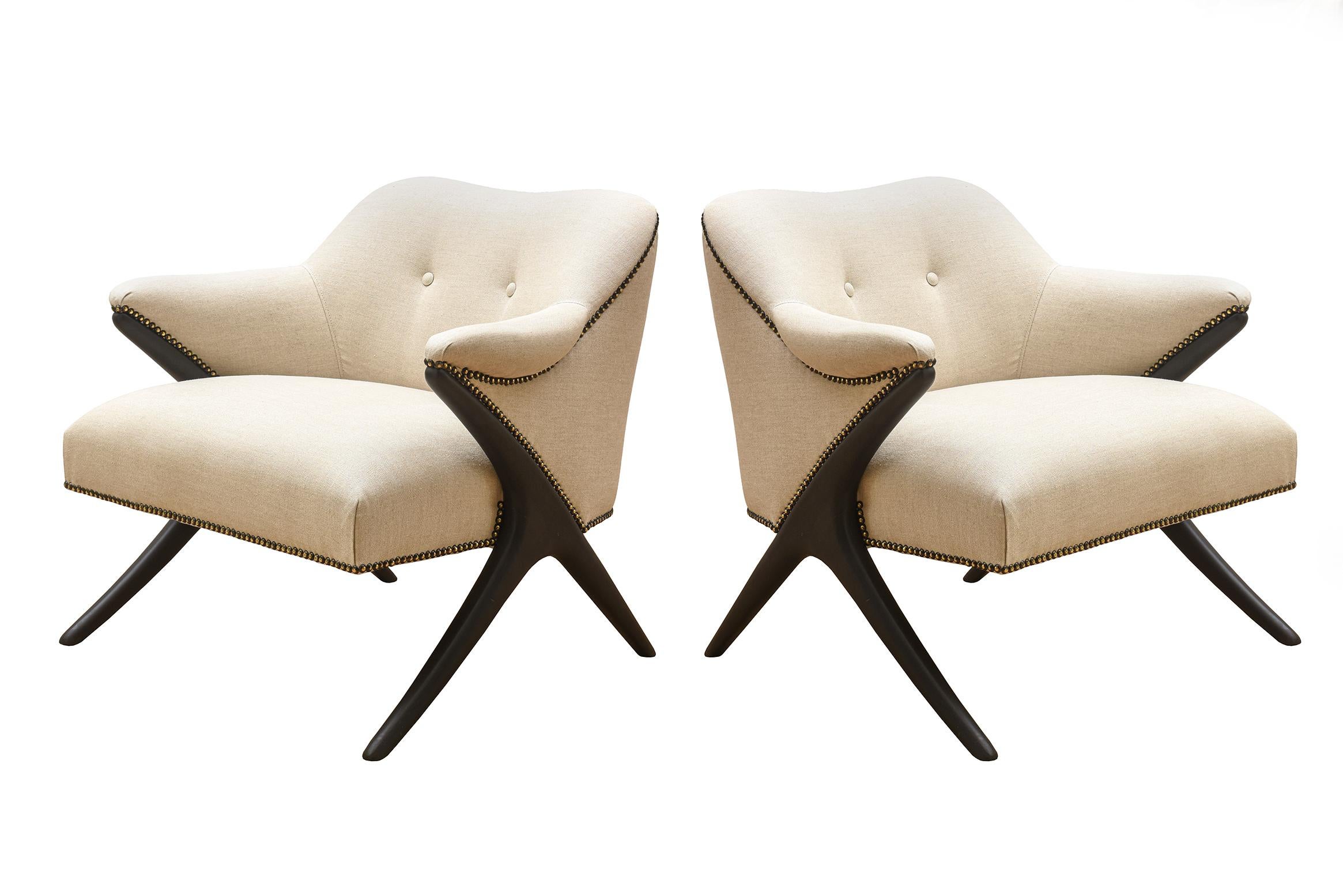 American Karpen of Ca. Ebonized and Upholstered Lounge Side Chairs Mid-Century Modern