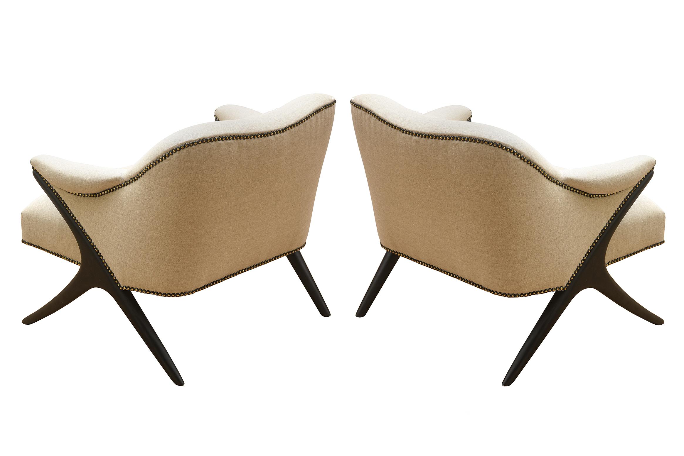 Mid-20th Century Karpen of Ca. Ebonized and Upholstered Lounge Side Chairs Mid-Century Modern