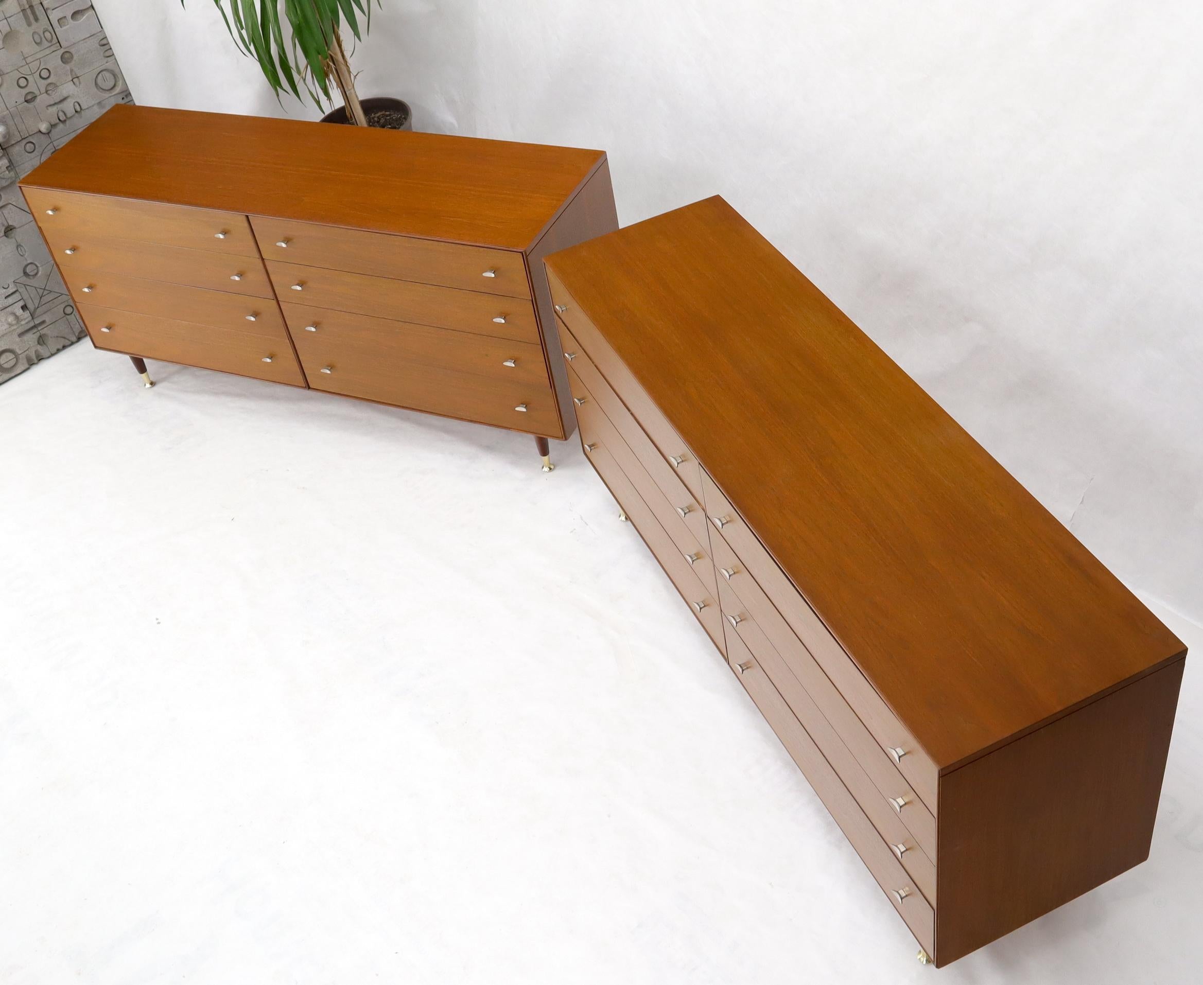 Pair of mid-century modern walnut long seven drawers dressers credenza's in completely restored condition.