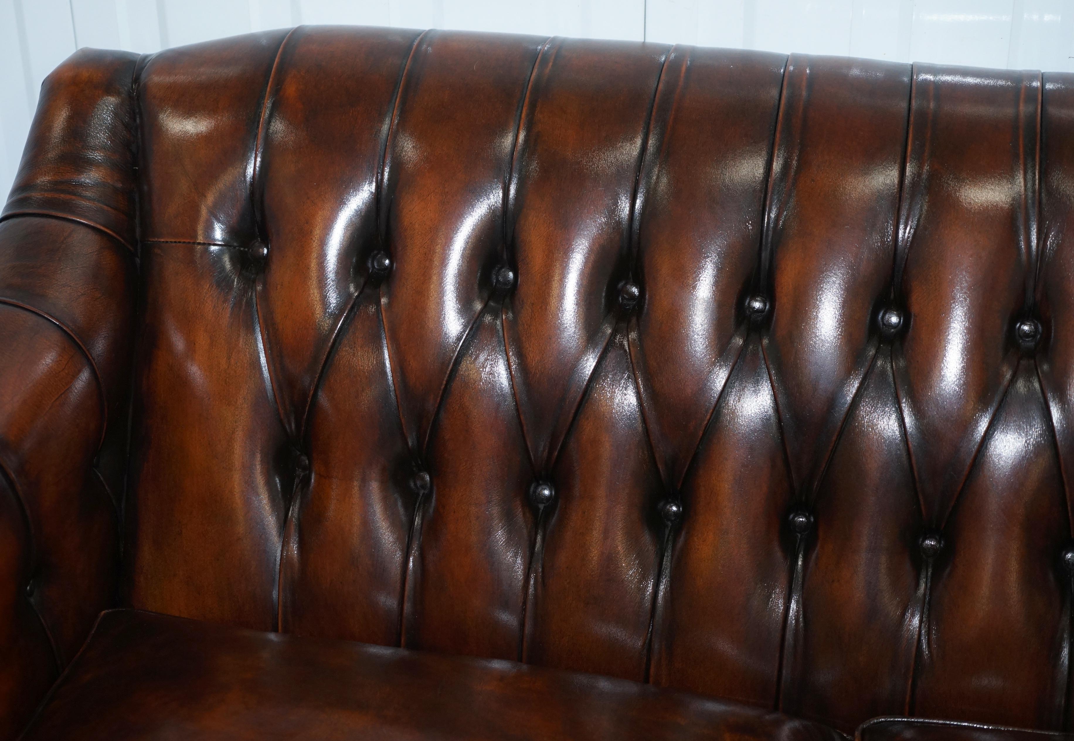 Hand-Carved Pair of Restored Lutyen's Style Viceroy's Chesterfield Brown Leather Sofas