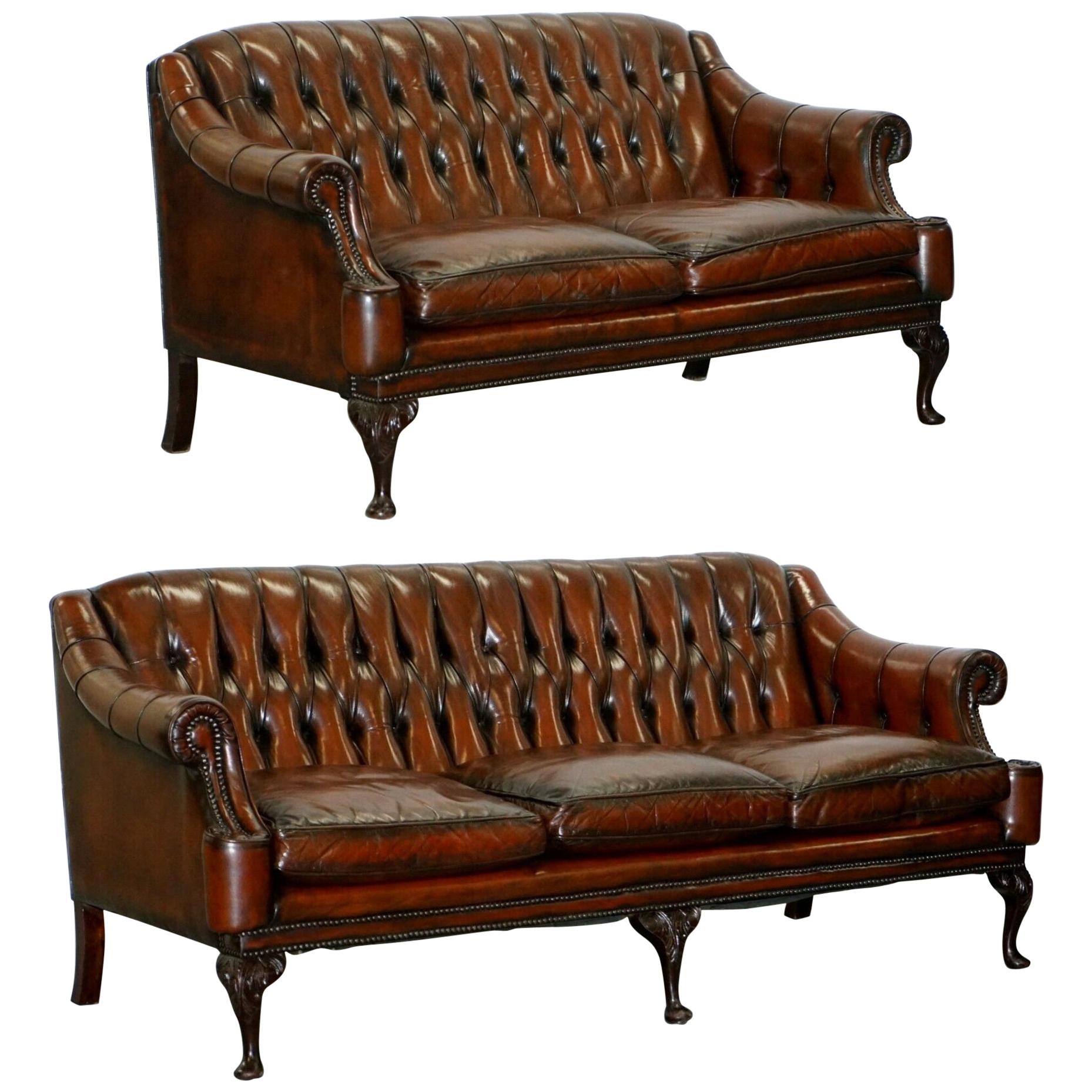 Pair of Restored Lutyen's Viceroy Chesterfield Brown Leather Hand Dyed Sofas