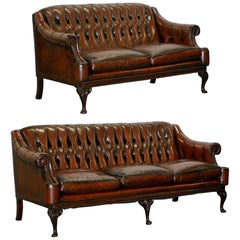 Vintage Pair of Restored Lutyen's Viceroy Chesterfield Brown Leather Hand Dyed Sofas