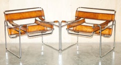 PAIR OF RESTORED MARCEL BREUER FASEM 1980's WASSILY B3 BROWN LEATHER ARMCHAIRS
