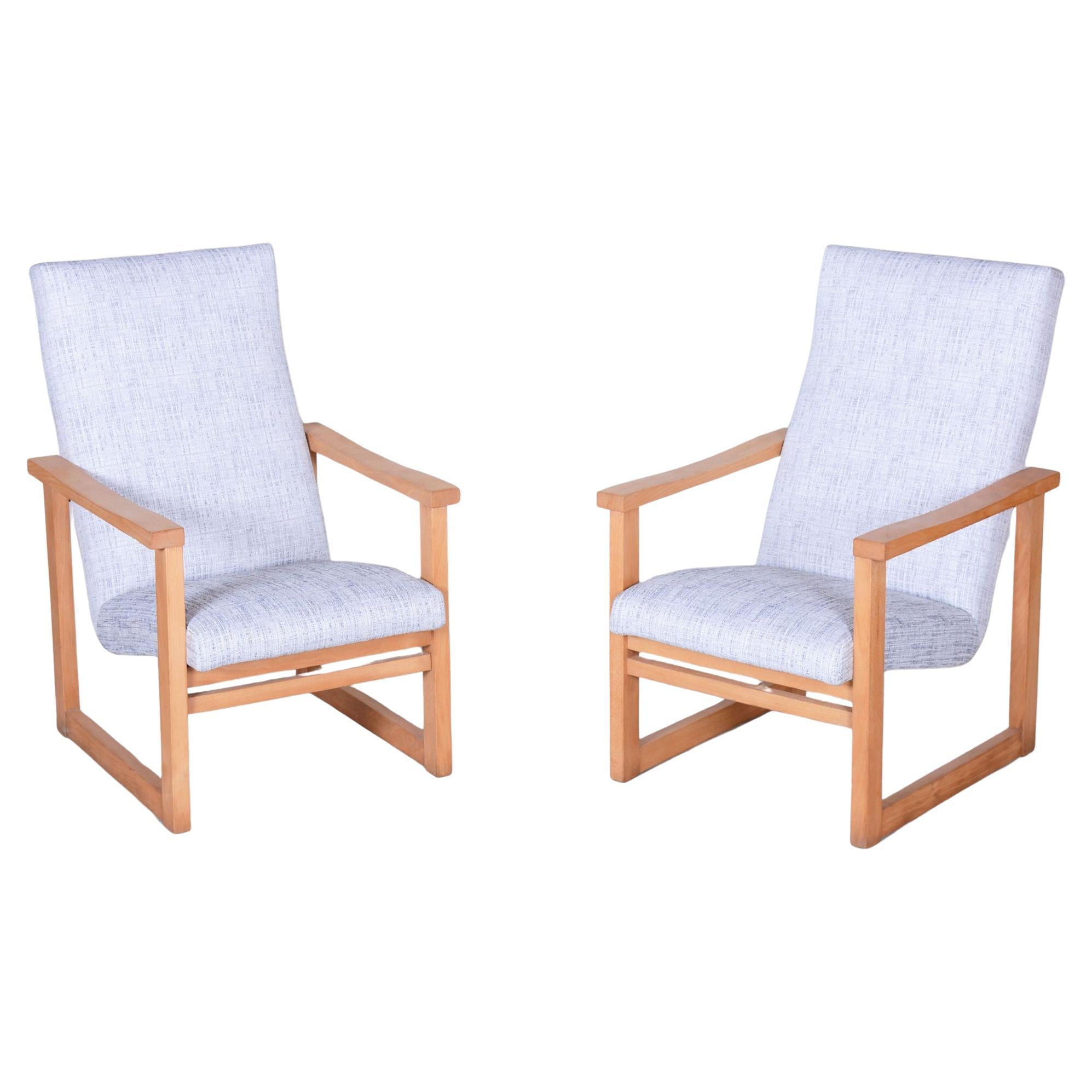 Pair of Restored Mid-Century Armchairs, Beech, New Upholstery, Czech, 1960s For Sale