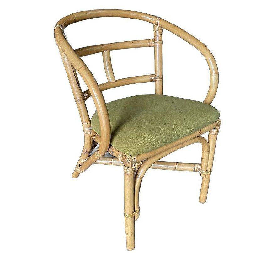 This beautifully restored Paul Frankl-inspired pair of unique mid-century rattan armchairs embody the mid-century modern aesthetic with their clean lines and minimalist design. The backrest is designed with horizontal H-shaped slats of rattan,