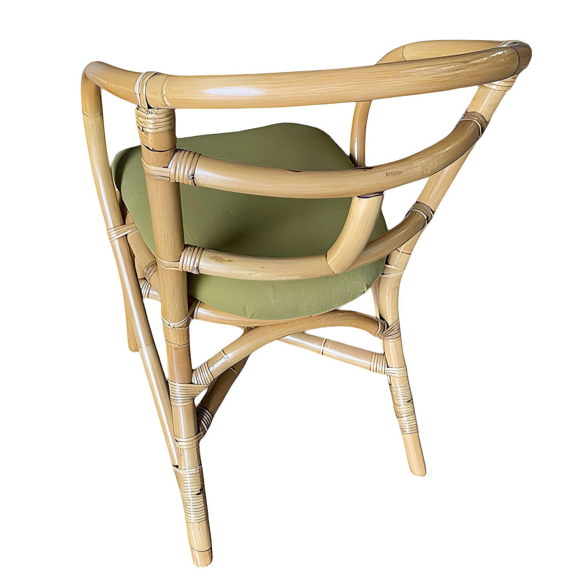 Fabric Pair of Restored Mid-Century Loop Arm Rattan Dining Armchairs For Sale