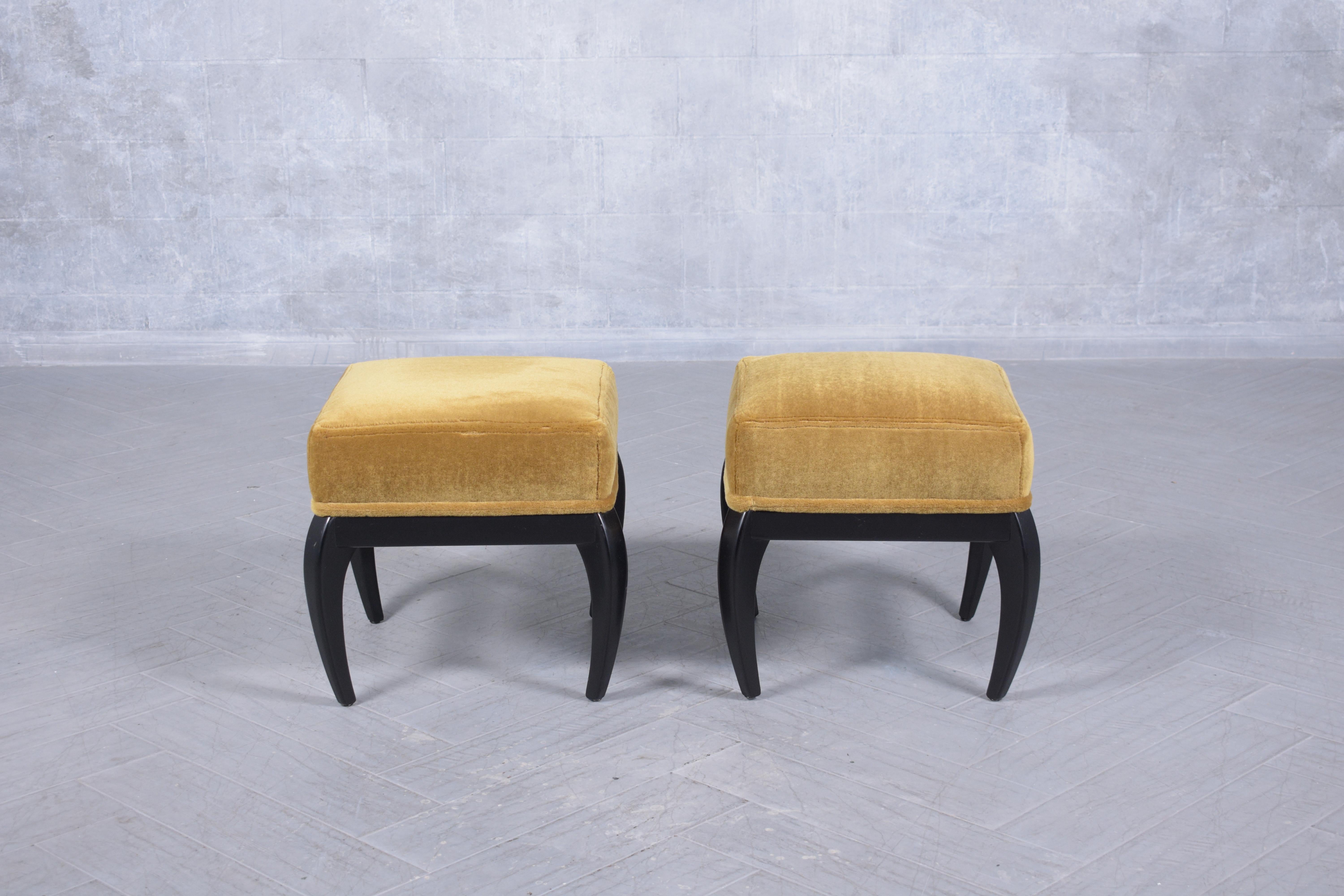 Polished Mahogany Mid-Century Modern Golden Mohair Velvet Upholstery Benches