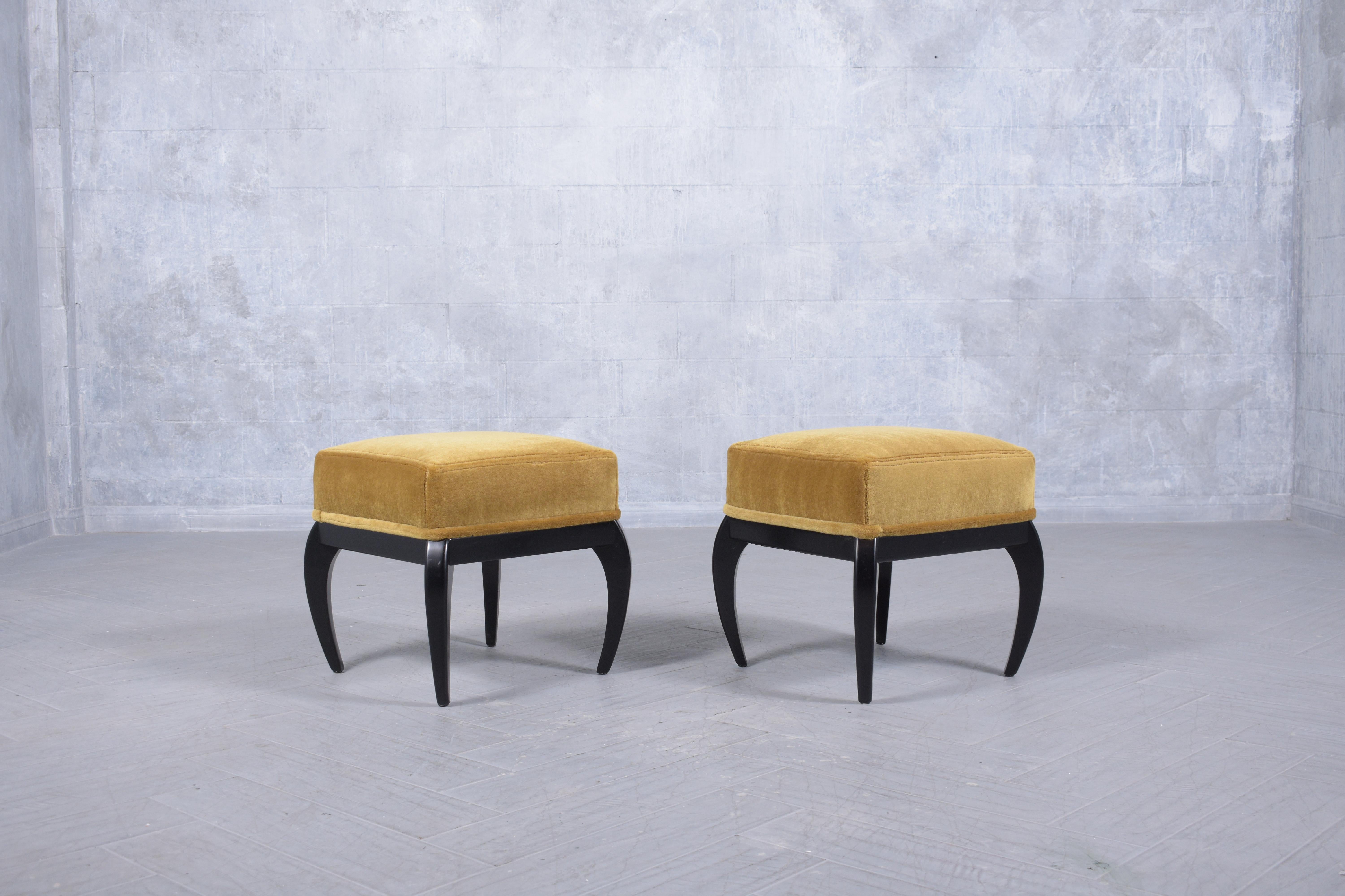 Mahogany Mid-Century Modern Golden Mohair Velvet Upholstery Benches 1