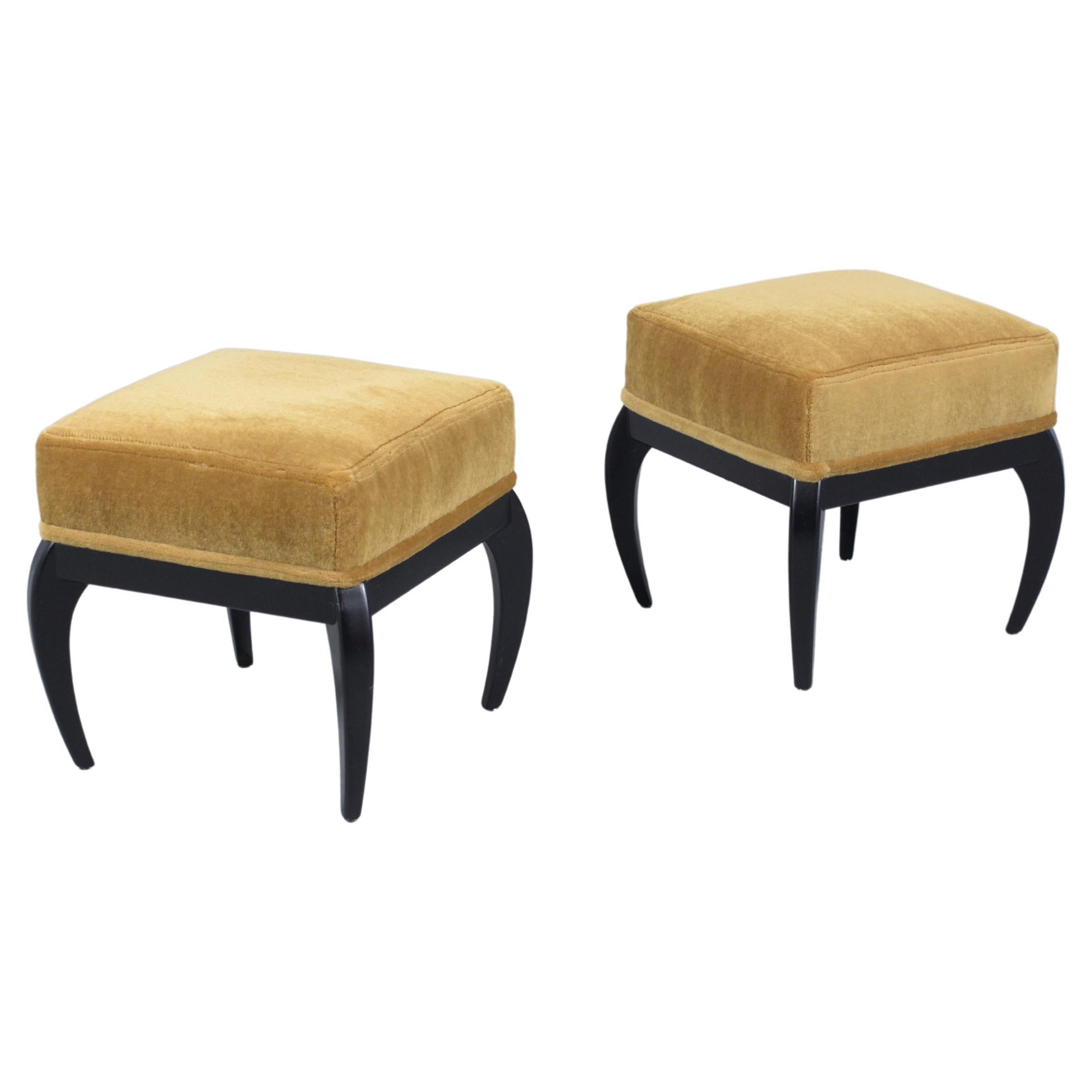 Mahogany Mid-Century Modern Golden Mohair Velvet Upholstery Benches