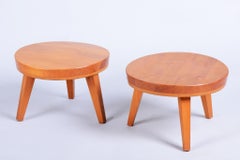 Pair of Restored Mid-Century Small Tables, Larch Wood, Repolished, Czech. 1950s