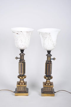 Pair of Restored Mid-Century Table Lamps, Brass, Marble Glass, France, 1950s