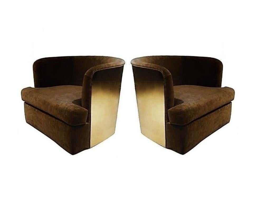 This stunning pair of heirloom quality barrel chairs by Milo Baughman for Thayer Coggin. Super high style, swivel chairs recovered in luxurious brown velvet that contrasts beautifully against the gleaming mirror-finish brass backs and bases. The