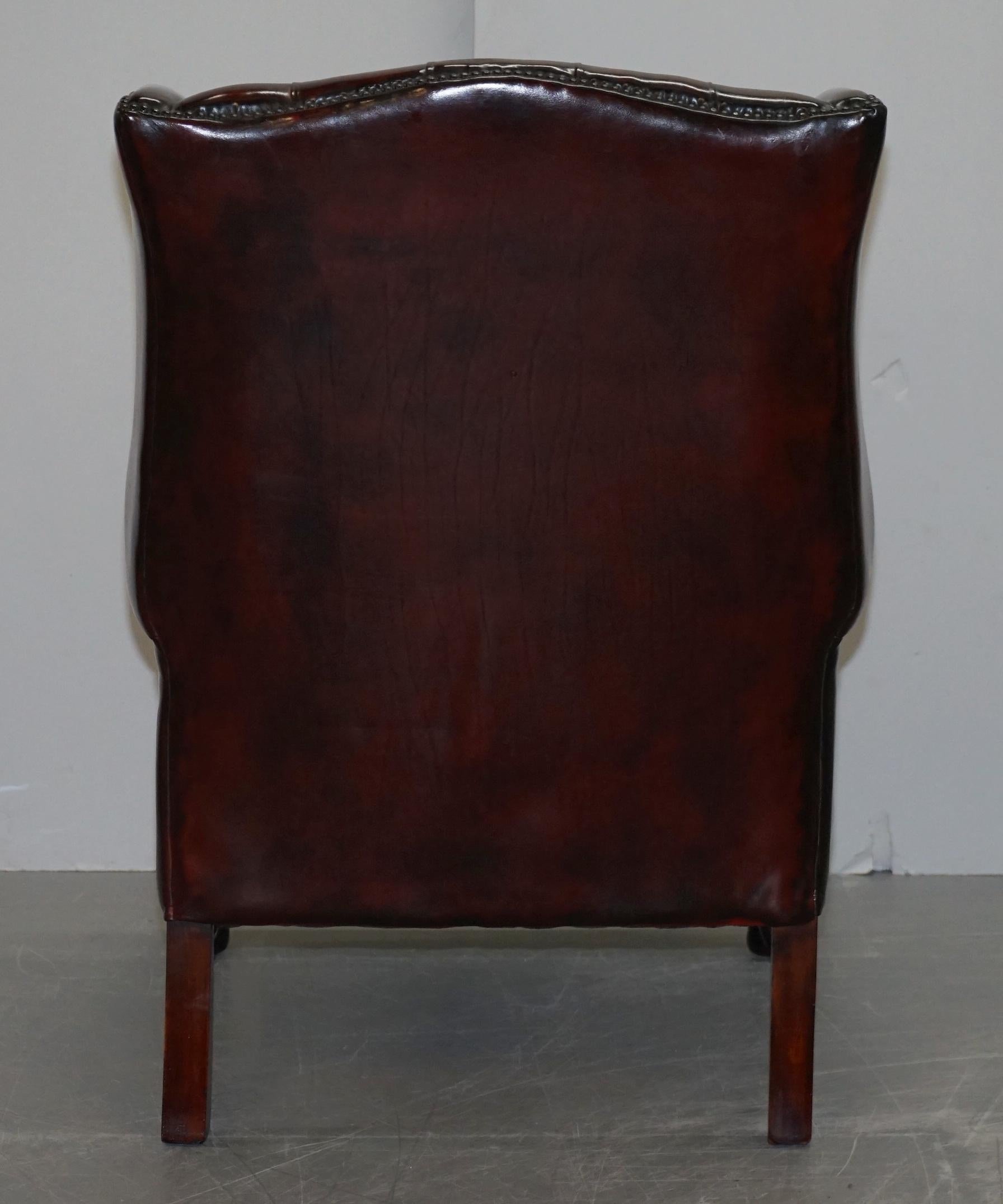 Pair of Restored Oxblood Leather Fully Tufted Chesterfield Wingback Armchairs 3
