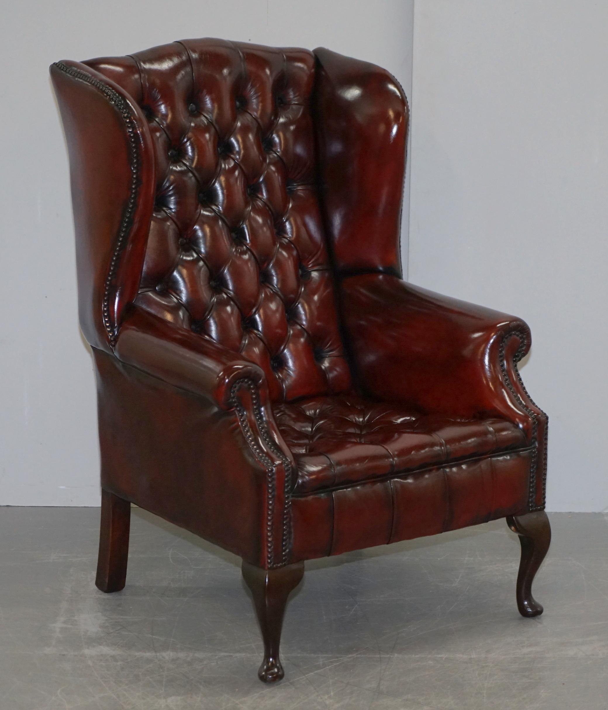 Pair of Restored Oxblood Leather Fully Tufted Chesterfield Wingback Armchairs 4