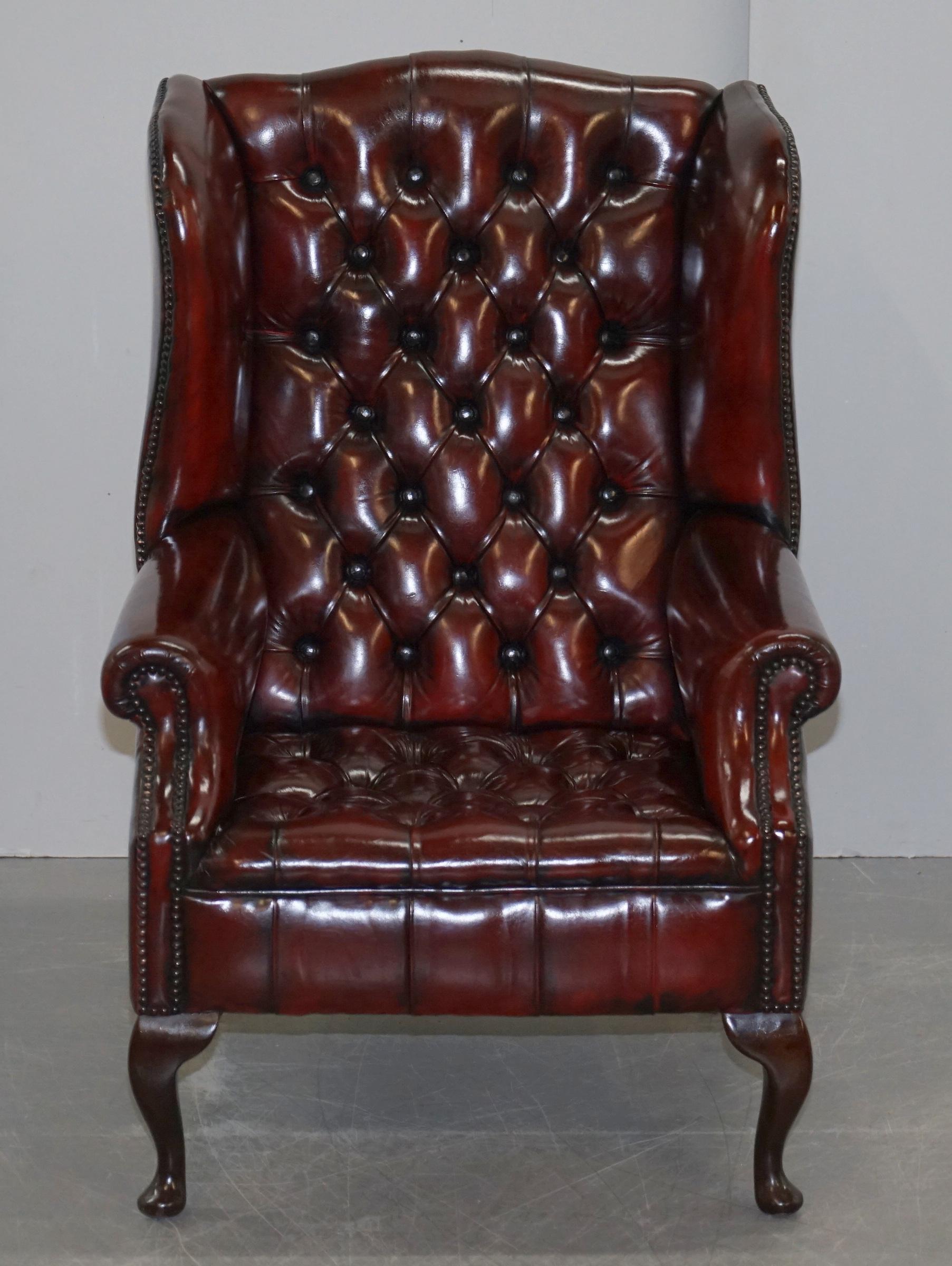 Pair of Restored Oxblood Leather Fully Tufted Chesterfield Wingback Armchairs 5