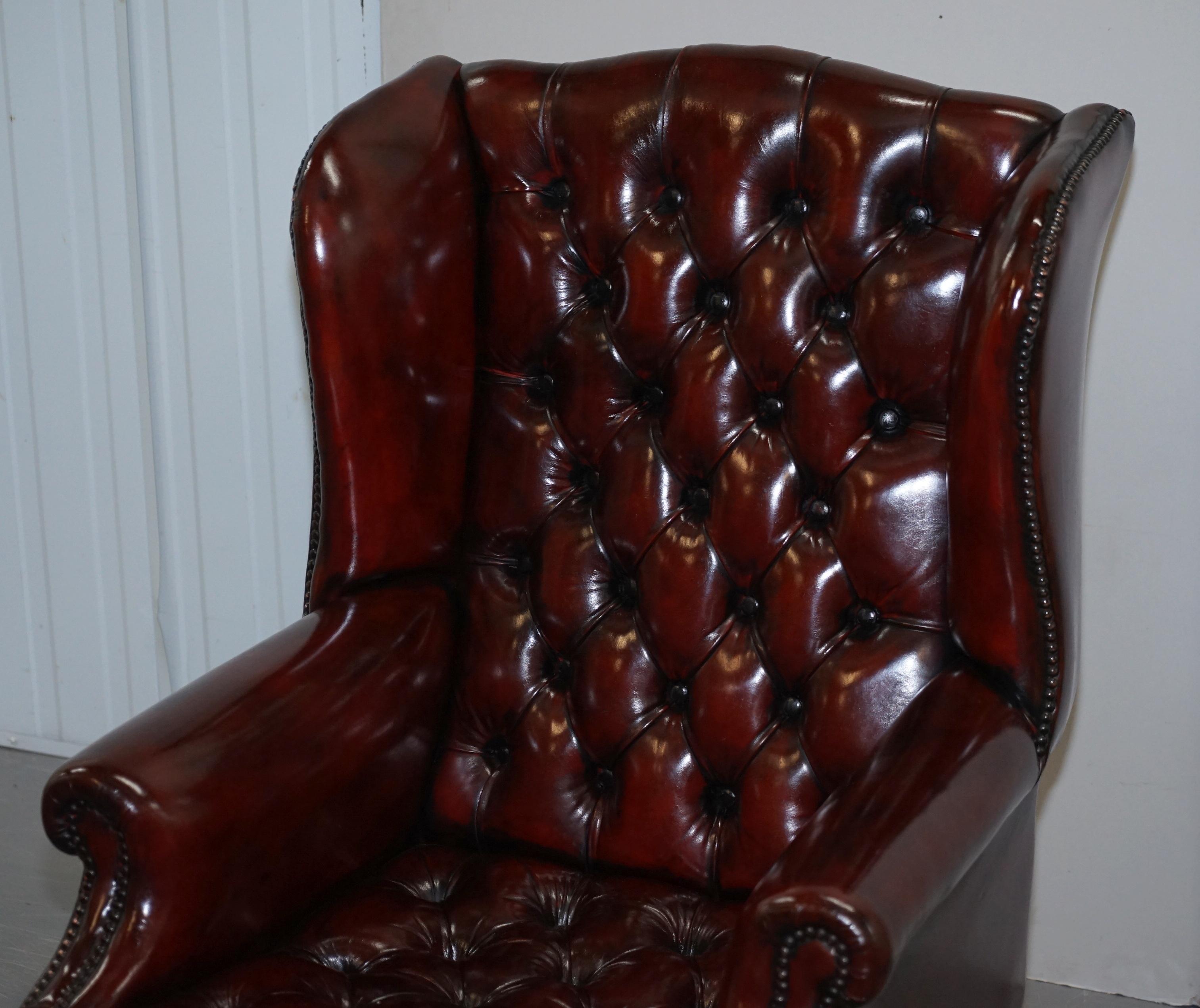 Pair of Restored Oxblood Leather Fully Tufted Chesterfield Wingback Armchairs 6