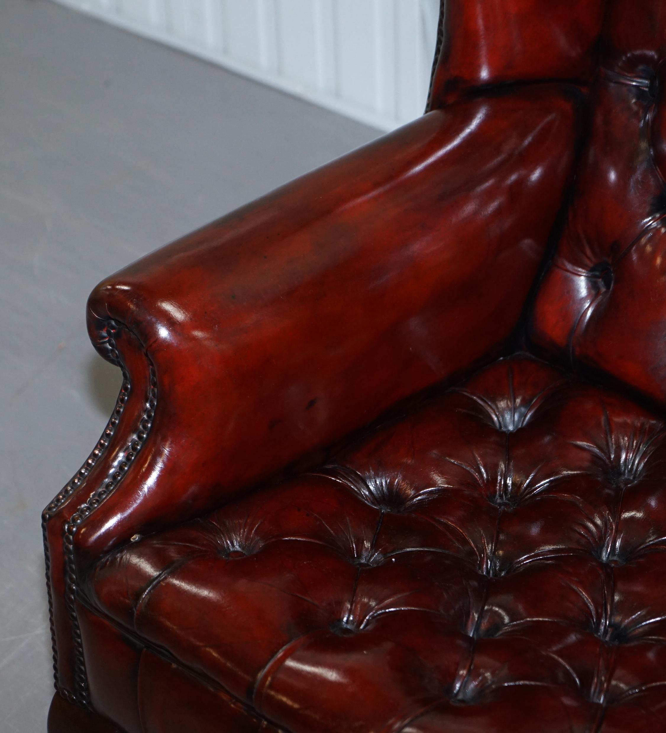 Pair of Restored Oxblood Leather Fully Tufted Chesterfield Wingback Armchairs 7
