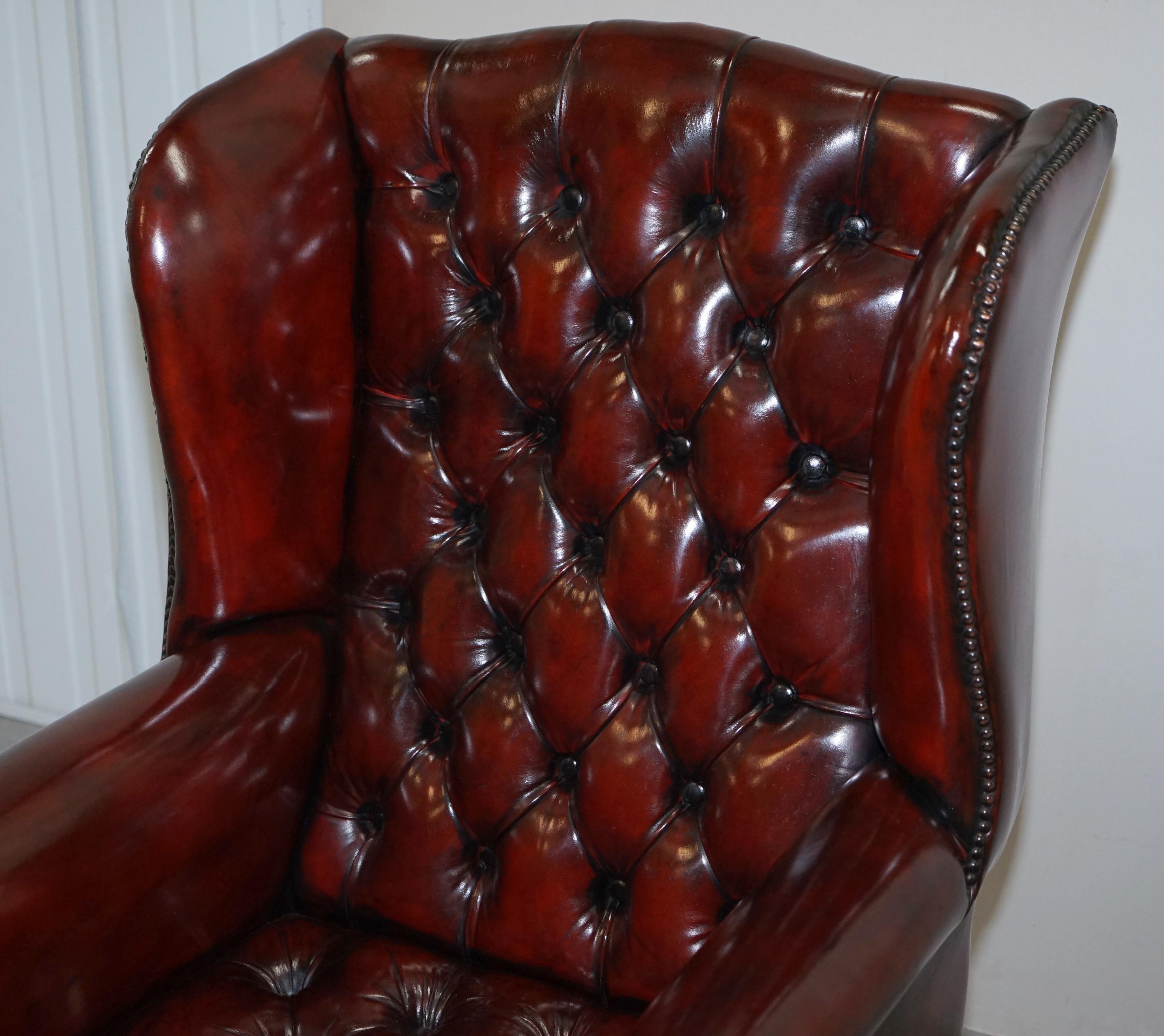 Pair of Restored Oxblood Leather Fully Tufted Chesterfield Wingback Armchairs 8