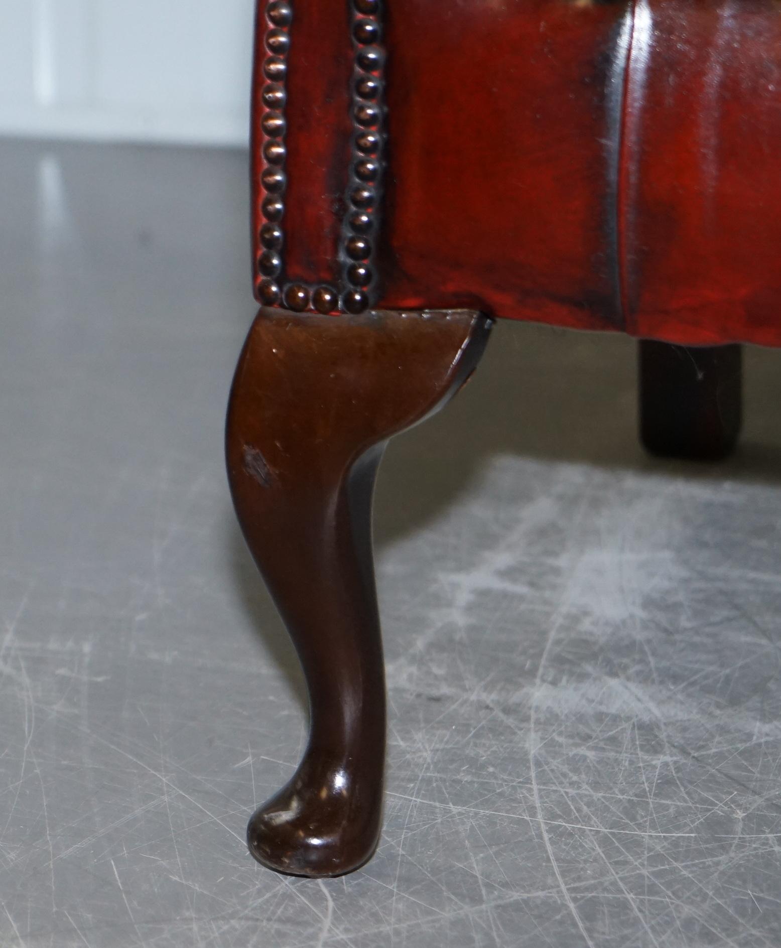 Pair of Restored Oxblood Leather Fully Tufted Chesterfield Wingback Armchairs 10