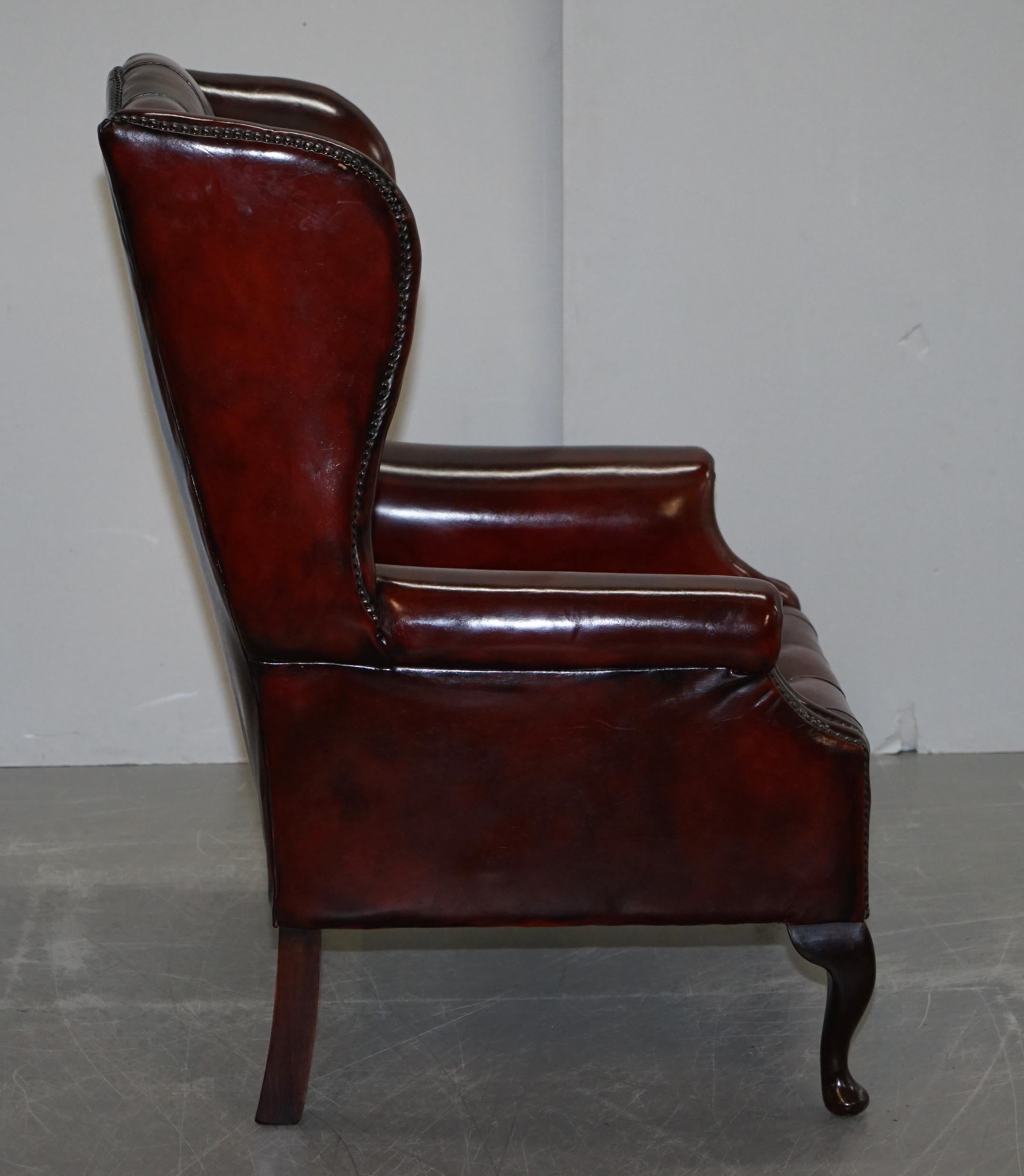 Pair of Restored Oxblood Leather Fully Tufted Chesterfield Wingback Armchairs 12