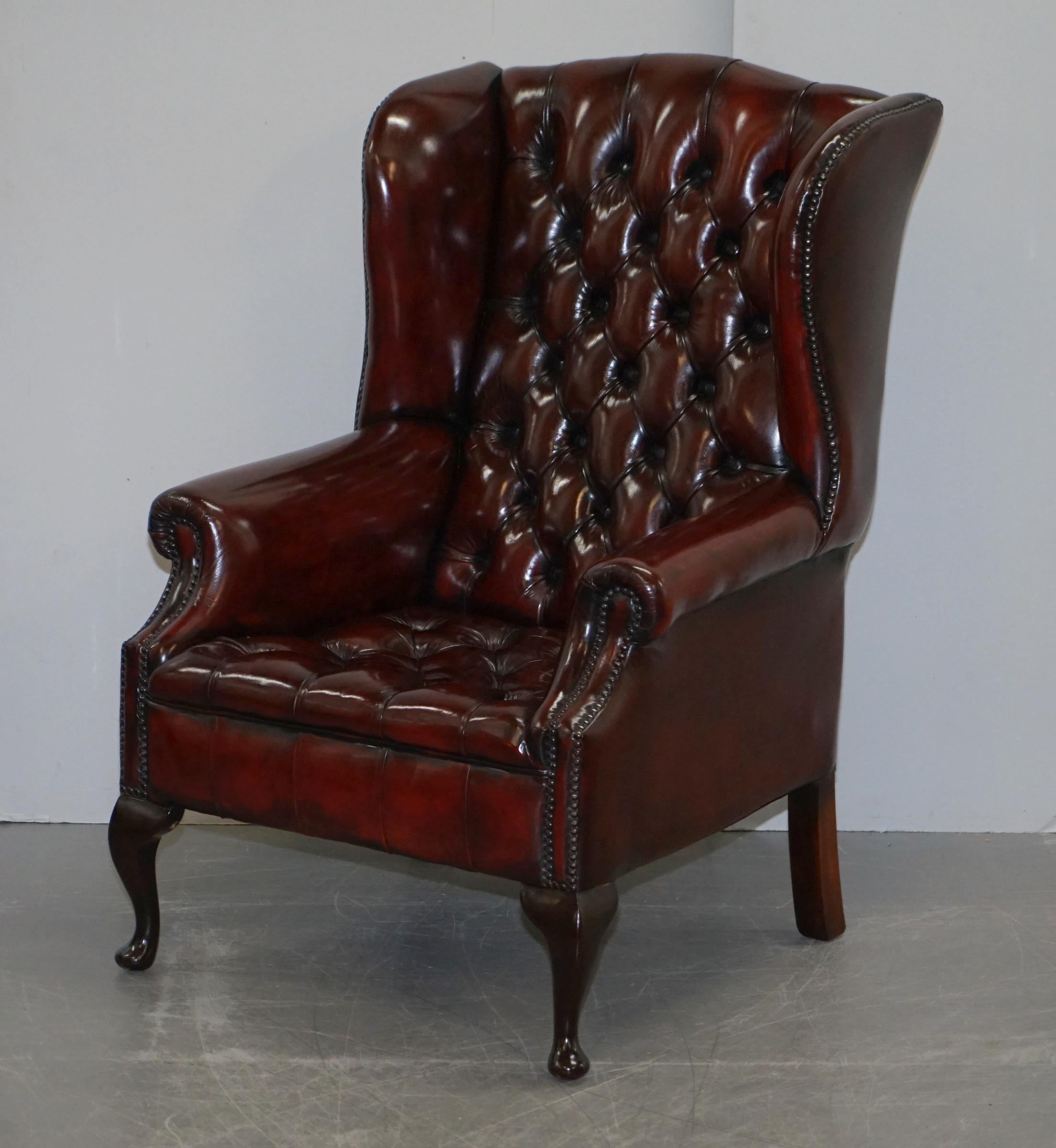 We are delighted to offer for sale this stunning pair of fully restored vintage Chesterfield tufted Oxblood leather wingback armchair

These chairs are a real tour de force, they have absolutely everything going for them, the leather hide is